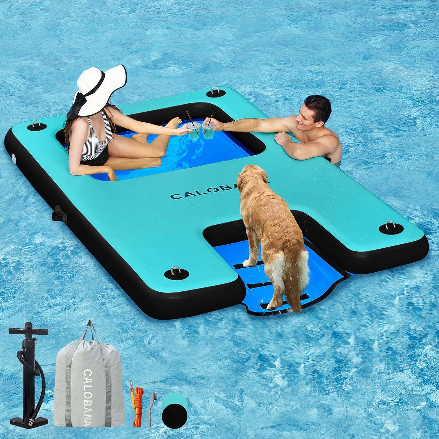 CALOBANA Inflatable Floating Dock with Boat Ramp,Lake Floats with Mesh,Tanning Pool Lounger Water Hammock for Family Party Pool Sea River Dock Boat,Mint Green+Black+Blue