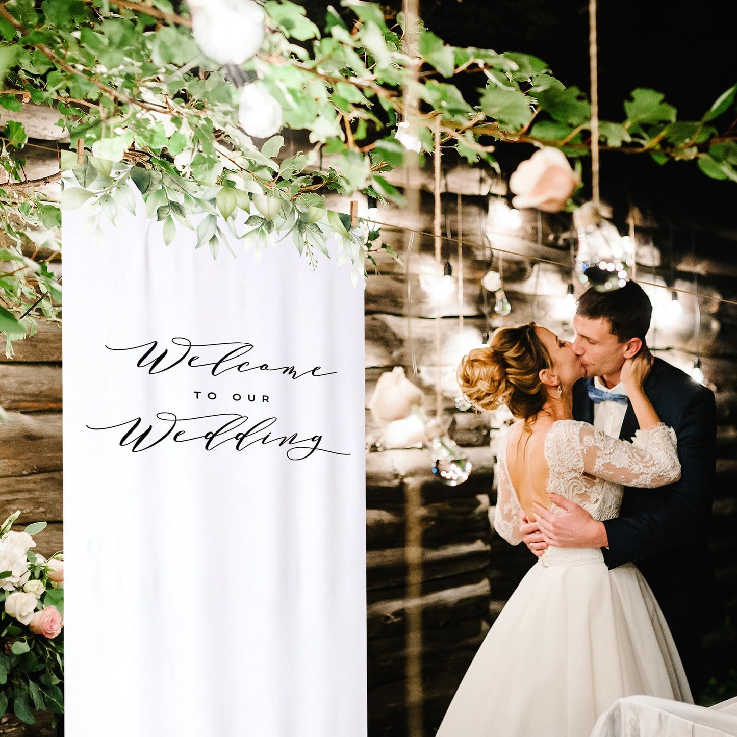 HunnmingRe 29 x 78 Inch Welcome to Our Wedding Sign with 2 Clips Greenery Welcome Arch Reception Backdrop Rustic Linen Fabric Wedding Sign Banner for Ceremony Bridal Engagement Party Supplies Decor