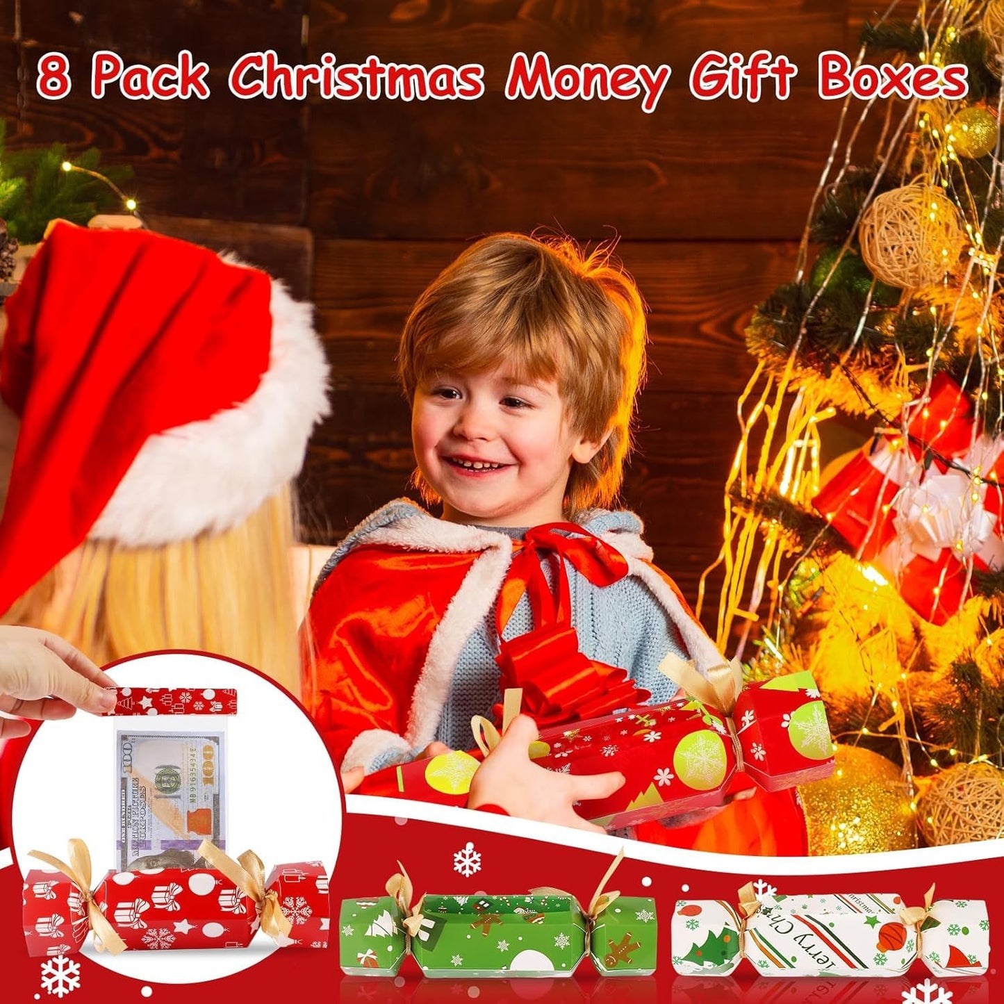 8 Pcs Christmas Surprise Money Pull Pouch Christmas Money Box for Cash Gift Pull Xmas Cash Holder for Cash for Kid Adult with 80 Pcs Transparent Bags Creative Way to Give Dollar Gift