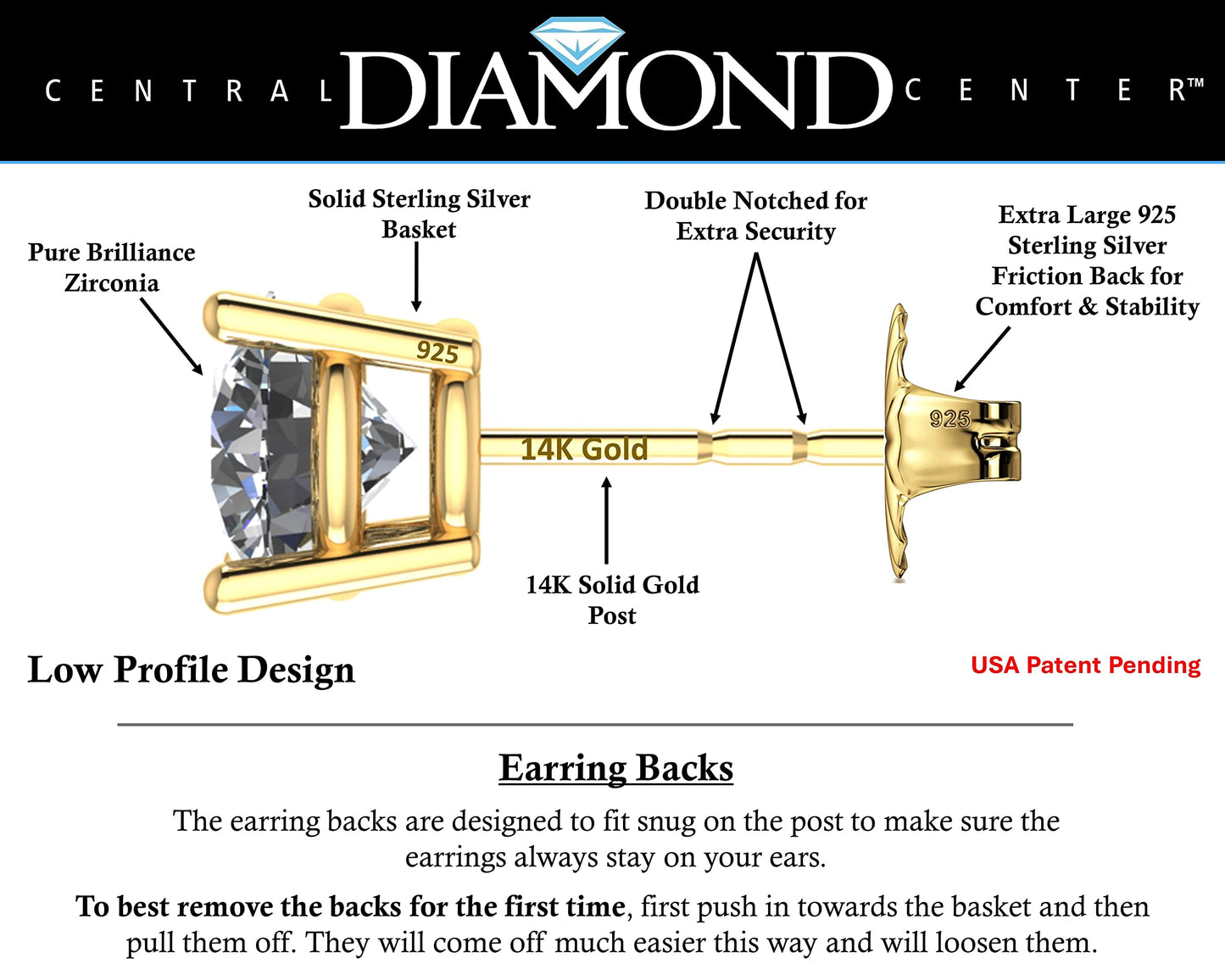 Central Diamond Center 14K Solid Gold Post & Sterling Silver Made with Swarovski 4 Prong CZ Stud Earrings - Yellow Gold Plated - 5.50mm - 1.50cttw