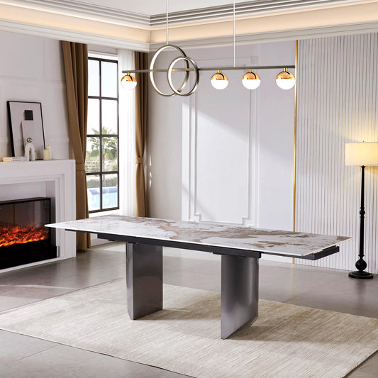 Extendable Dining Table Set for 4-10, Modern Dining Room Table with Black Carbon Steel Base, Rectangular Sintered Stone Top Dinner Table, 63''-94.4'' Folding Kitchen Table (Dining Table Only)