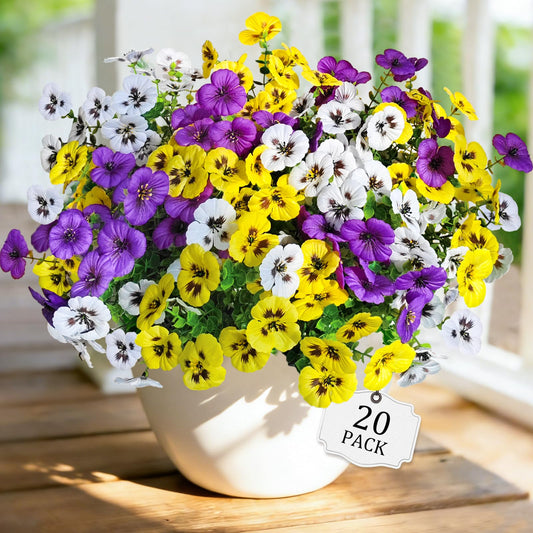 20 Pcs Artificial Fake Pansy Flowers for Outdoors, Faux Silk Pansies Spring Flowers UV Resistant Artificial Plants Outdoor for Planter Front Door Porch Yard Patio Home Decor(Purple Yellow White)