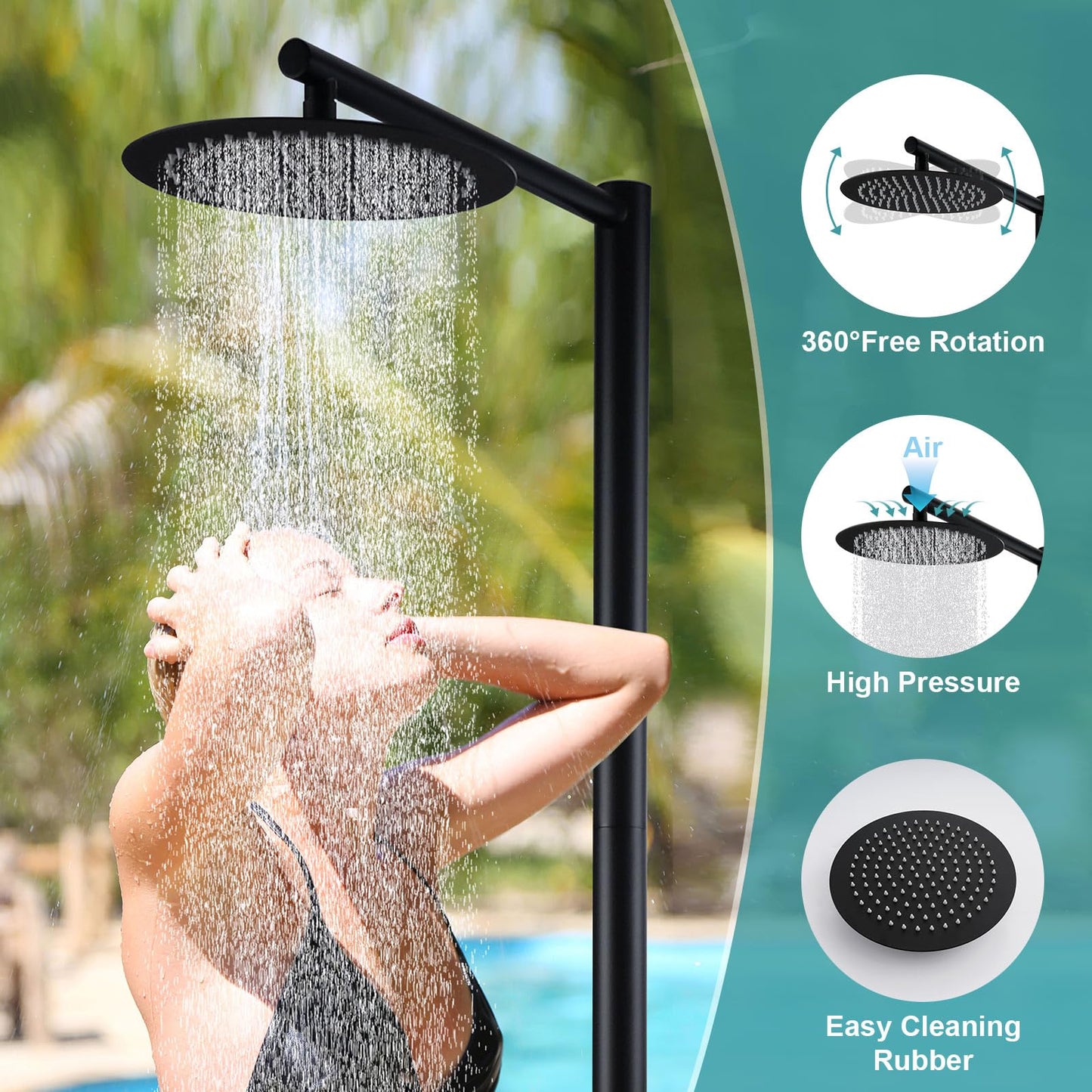 Freestanding Outdoor Shower, Outdoor Shower Kit for Pool Garden/Backyard/Beach Courtyard, Outside Shower Column with 10” Rain Shower Head and Handheld, Matte Black