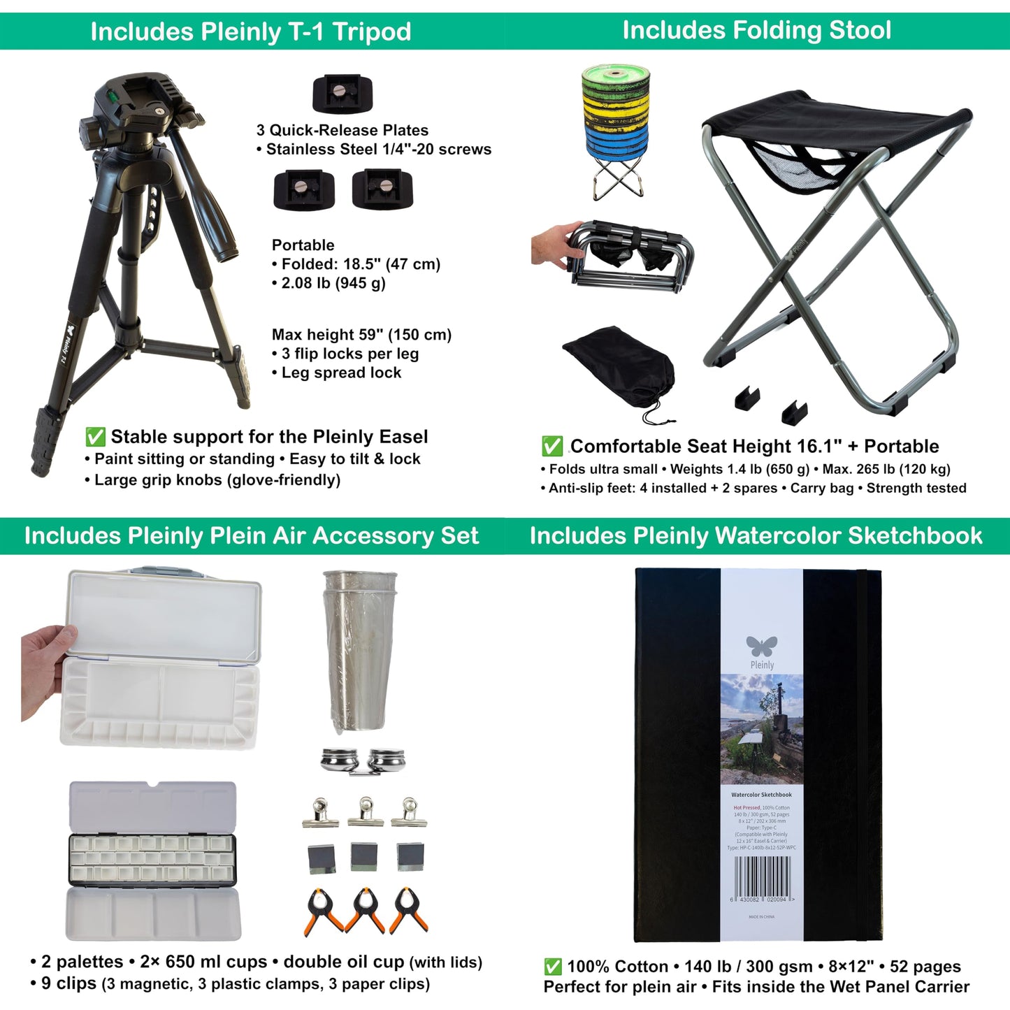 PLEINLY Outdoor Watercolor Easel Set | Portable Plein Air Watercolor Easel System with Studio-Like Ergonomics | Tripod, Wet Panel Carrier & Stool | Sketchbook, Palettes, Cups & Clips