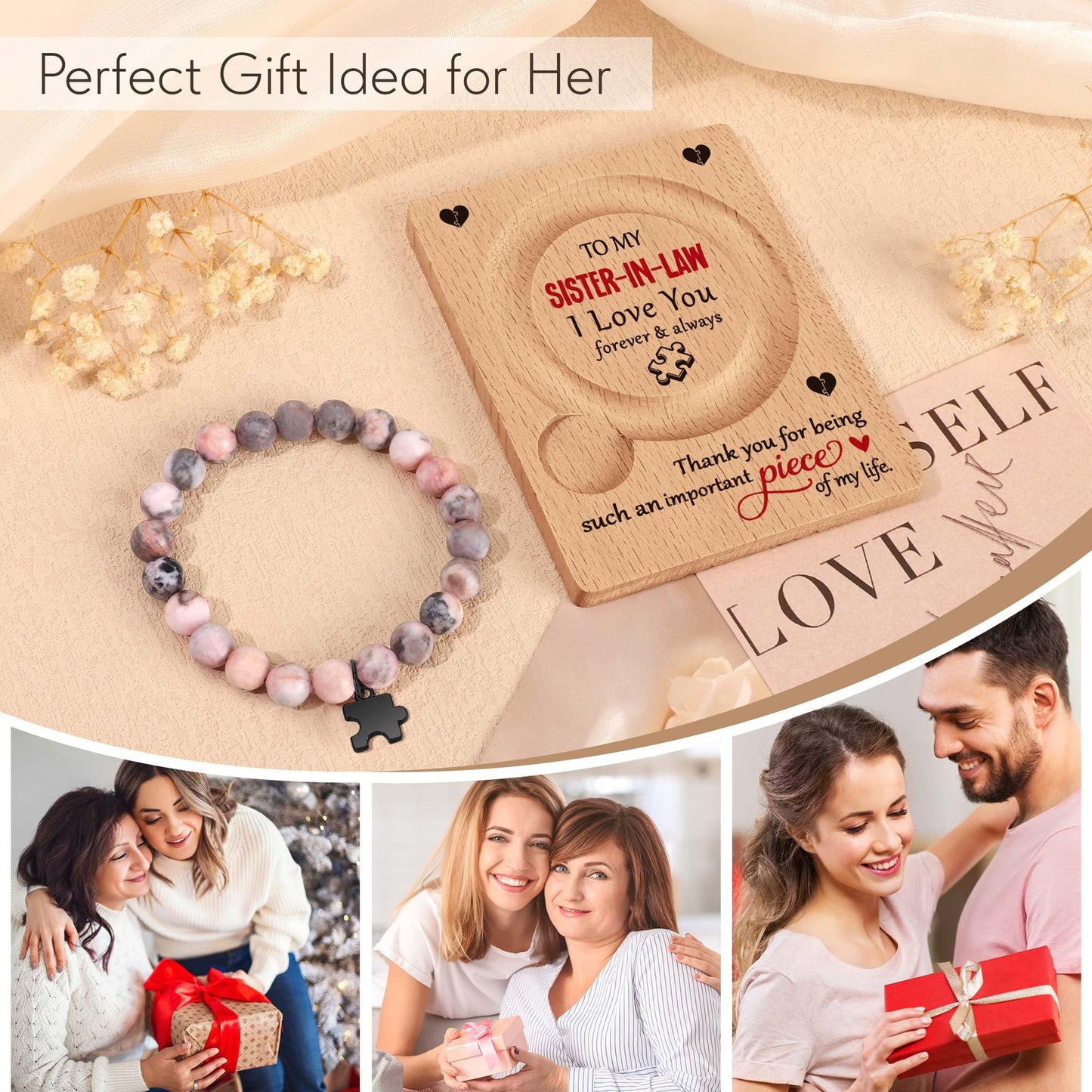 WZHENAINI Sister in Law Gifts, Sister Mothers Day Birthday Gift for Her, Unique Sisters Bracelets Mother's Day Wedding Annivesary White Elephant Gifts for Women Stocking Stuffers