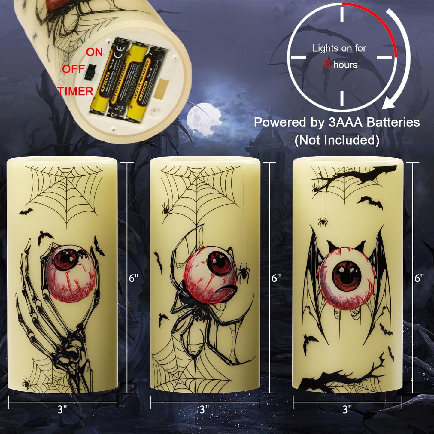 DRomance Halloween Flameless Flickering Candles Battery Operated with Timer, 3 Pack Real Wax LED Pillar Candles Spooky Bloody Eyes Spider Decals Dinner Halloween Decorations Indoor(3" D x 6"" H)"