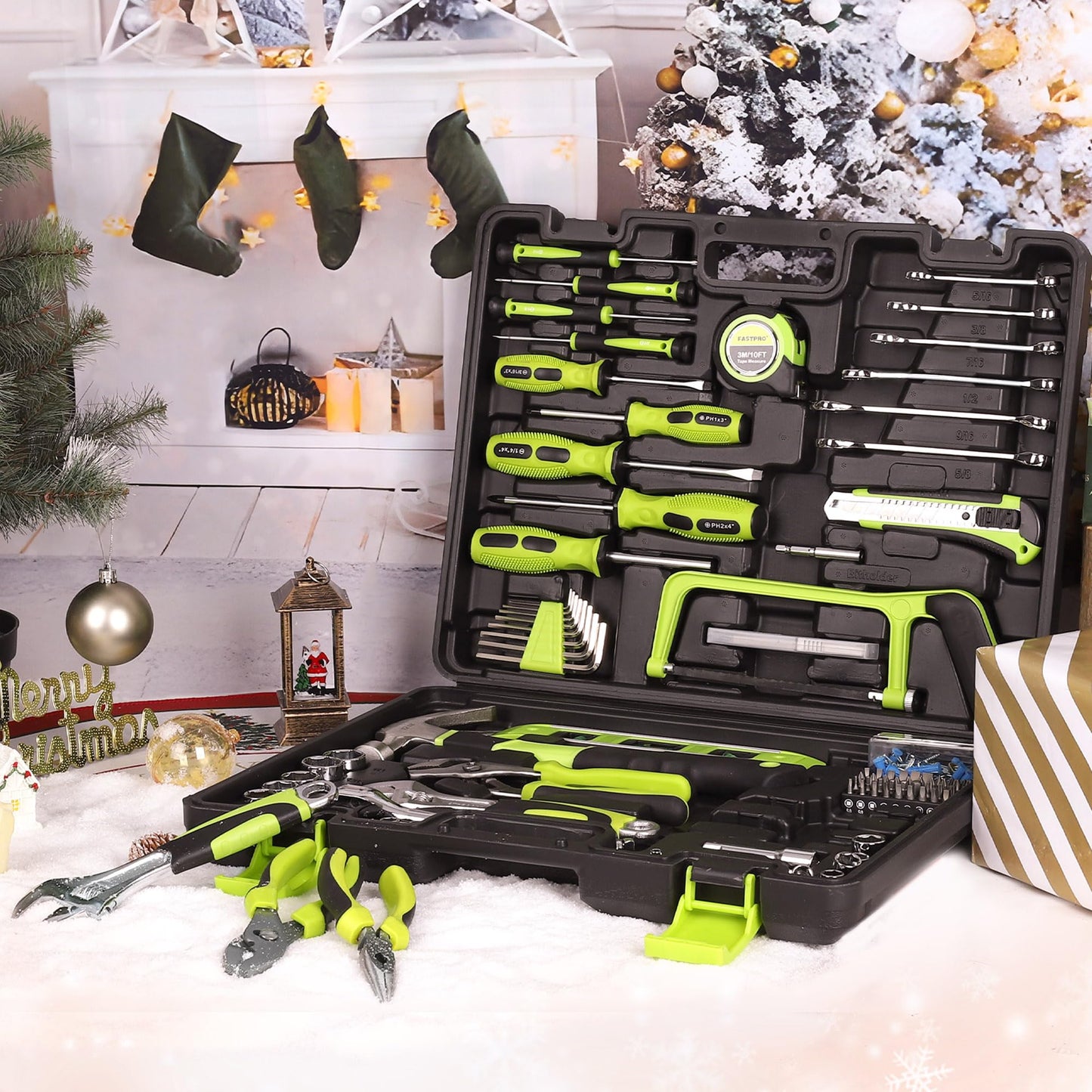 FASTPRO 198-Piece Household Tool Set, Home Repairing Tool Set with Toolbox, SAE Mechanics Hand Tool Kit for DIY, Home Maintenance, Green
