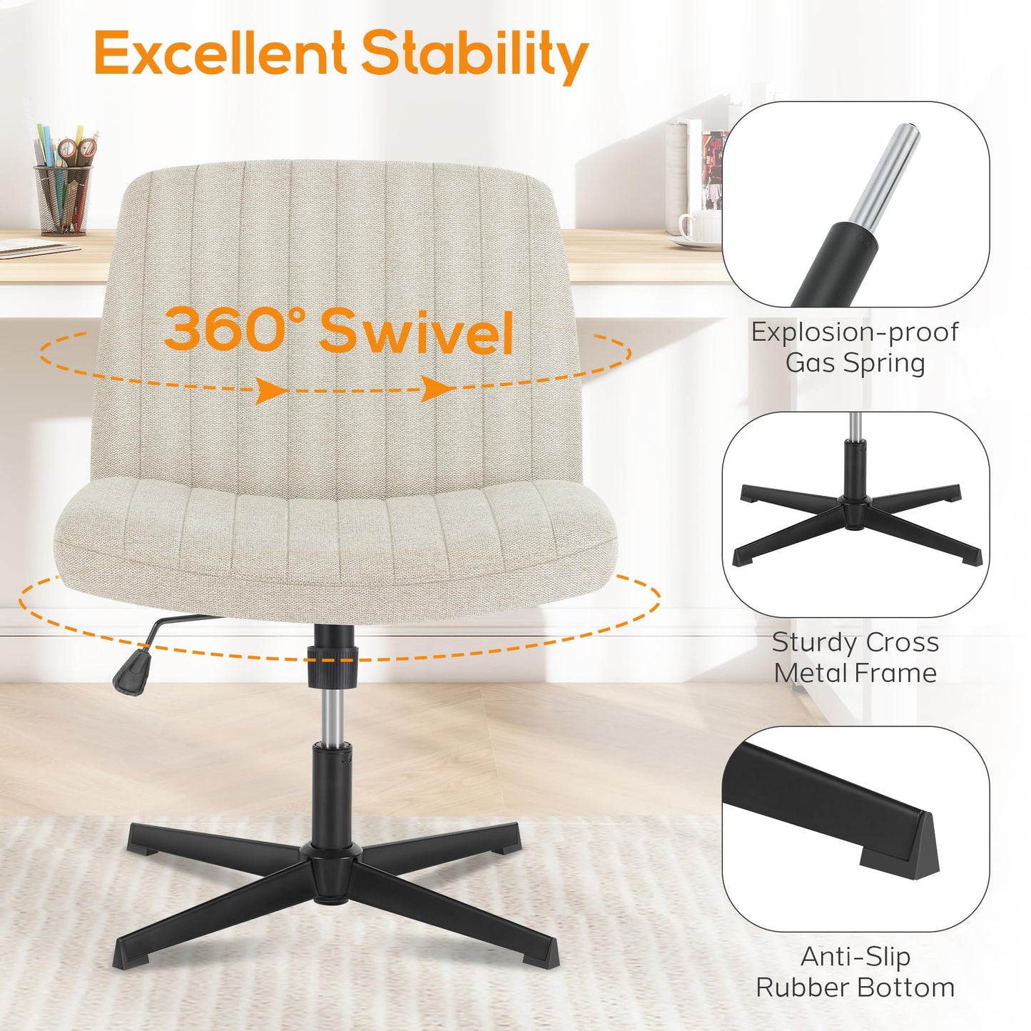 DUMOS Criss Cross Chair Legged Office Wide Comfy Desk Seat, No Wheels Armless Computer Task Seating, Swivel Vanity Home Height Adjustable