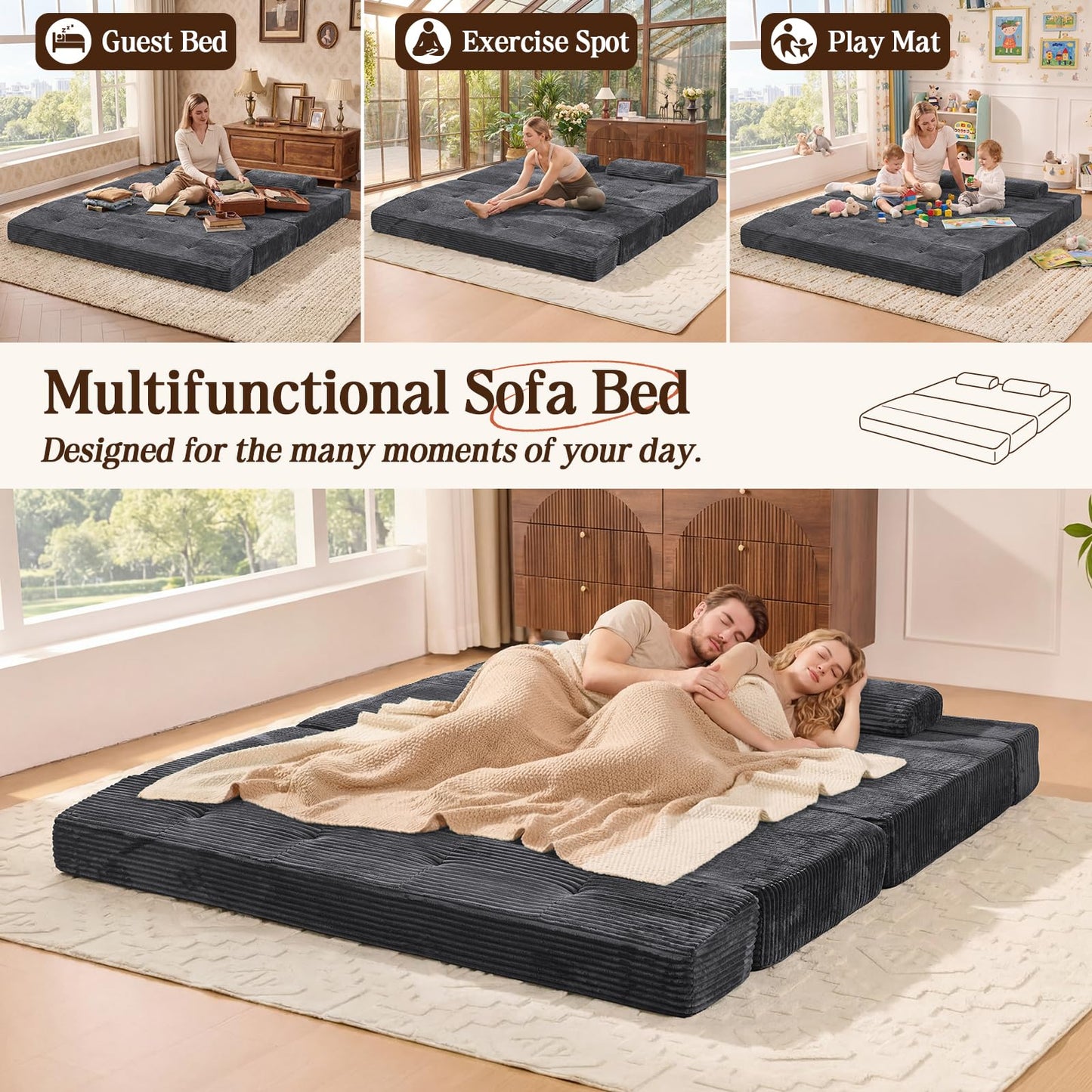 LOOMORA 78.7IN Folding Sofa Bed - Convertible Sleeper Sofa Couch with Removable Pillows, 3 Seater Couches Bed for Living Room, Bedroom, Apartment, No Assembly Required, Freestanding, Corduroy, Gray