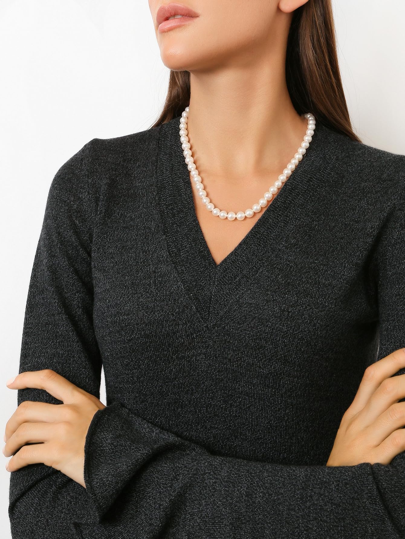 HUWODY Round White Simulated Shell Pearl Necklace Strand Pearl Choker Necklace Jewelry for Women 8mm 22inch