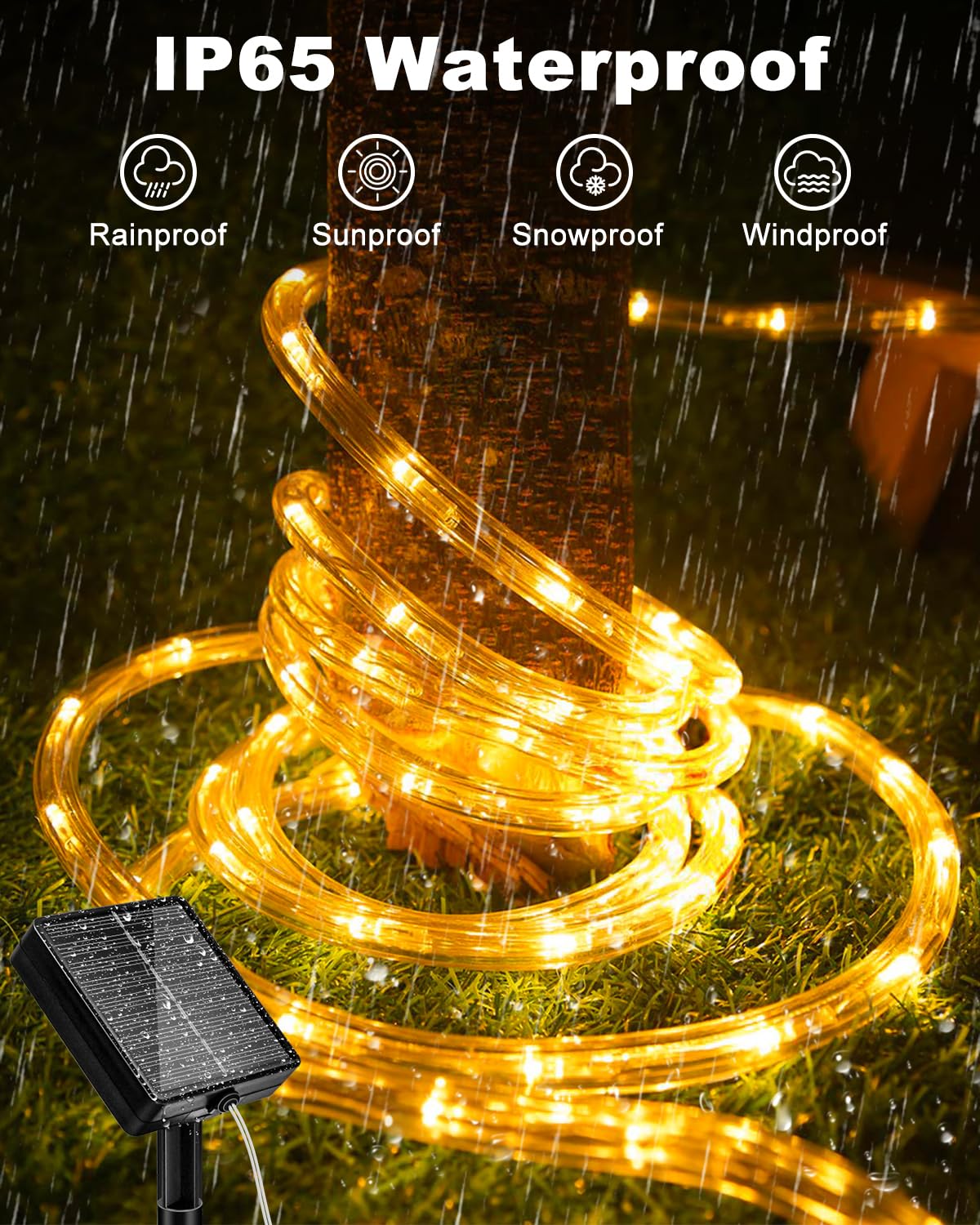 btfarm Solar Rope Lights, 120LED 46FT Solar String Lights Outdoor Waterproof, 8 Lighting Modes Solar Powered Strip Tube Light for Outside Garden Tree Christmas Yard Patio Wedding Decor, Warm White