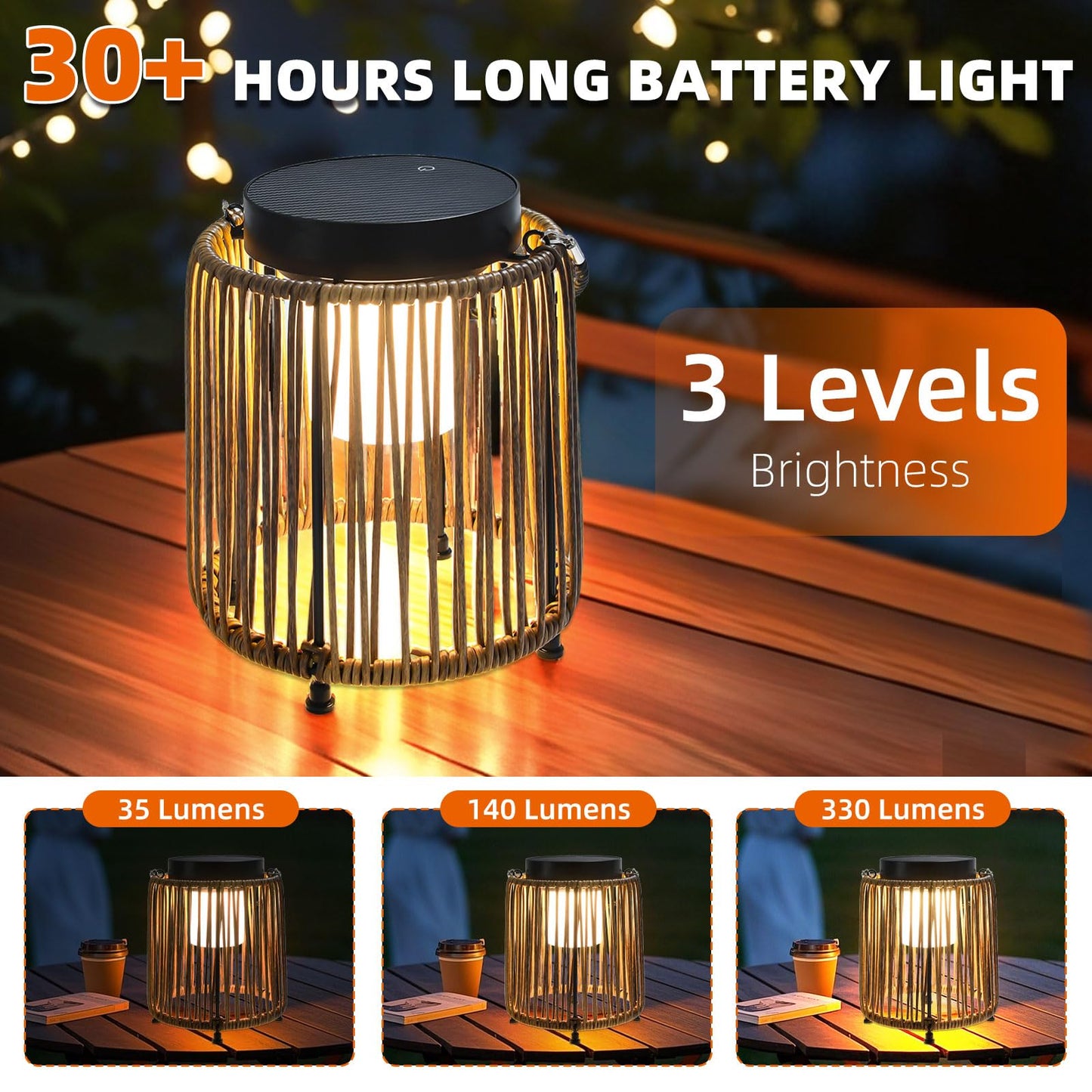 BRIMMEL Solar Lanterns Outdoor Waterproof IP54, Handwoven Wicker Outdoor Table Lamps Portable Rechargeable with 30H+ Runtime, Dual USB-C/Solar Charging Hanging Lantern, 3 Brightness Levels