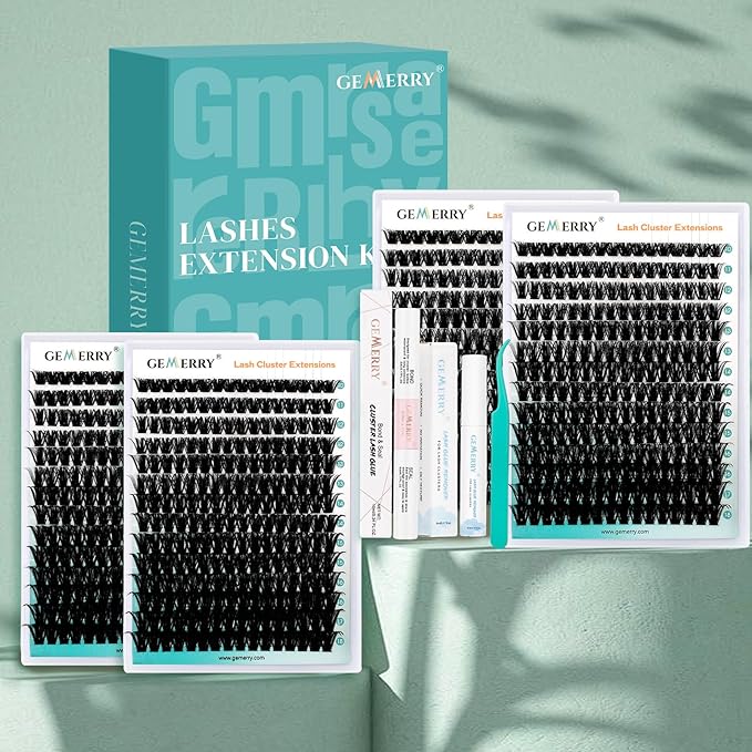 GEMERRY Lashes Clusters Kit Thick Lash Clusters 2 Styles 728Pcs Fluffy Lash Clusters Kit with Waterproof Bond and Seal Remover Tweezers for Beginners（2X 100P+200P）