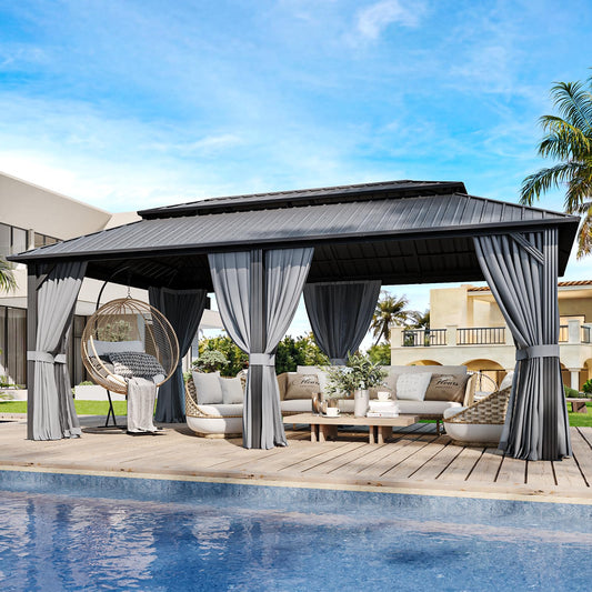 20x12FT Outdoor Gazebo - Hardtop Pergolas for Patios with Curtains and Netting Included, Permanent Gazebo Pavilion with Double Galvanized Steel Roof for Party, Outdoor Dining, Wedding, Gray