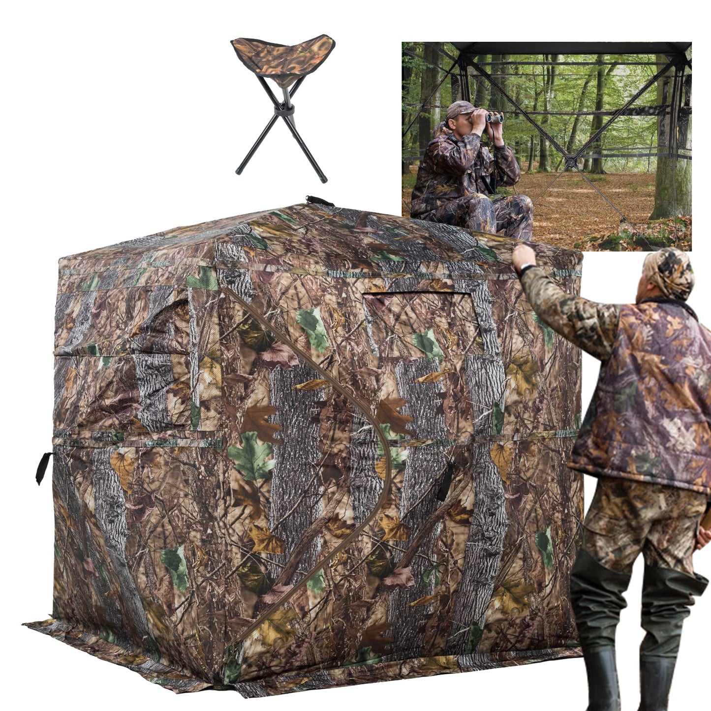 FUNHORUN Hunting Blind 270 Degree See Through Ground Blind with Chair and Carrying Bag, 2/3 Person Pop Up Camouflage Tent Portable Concealed Shelter