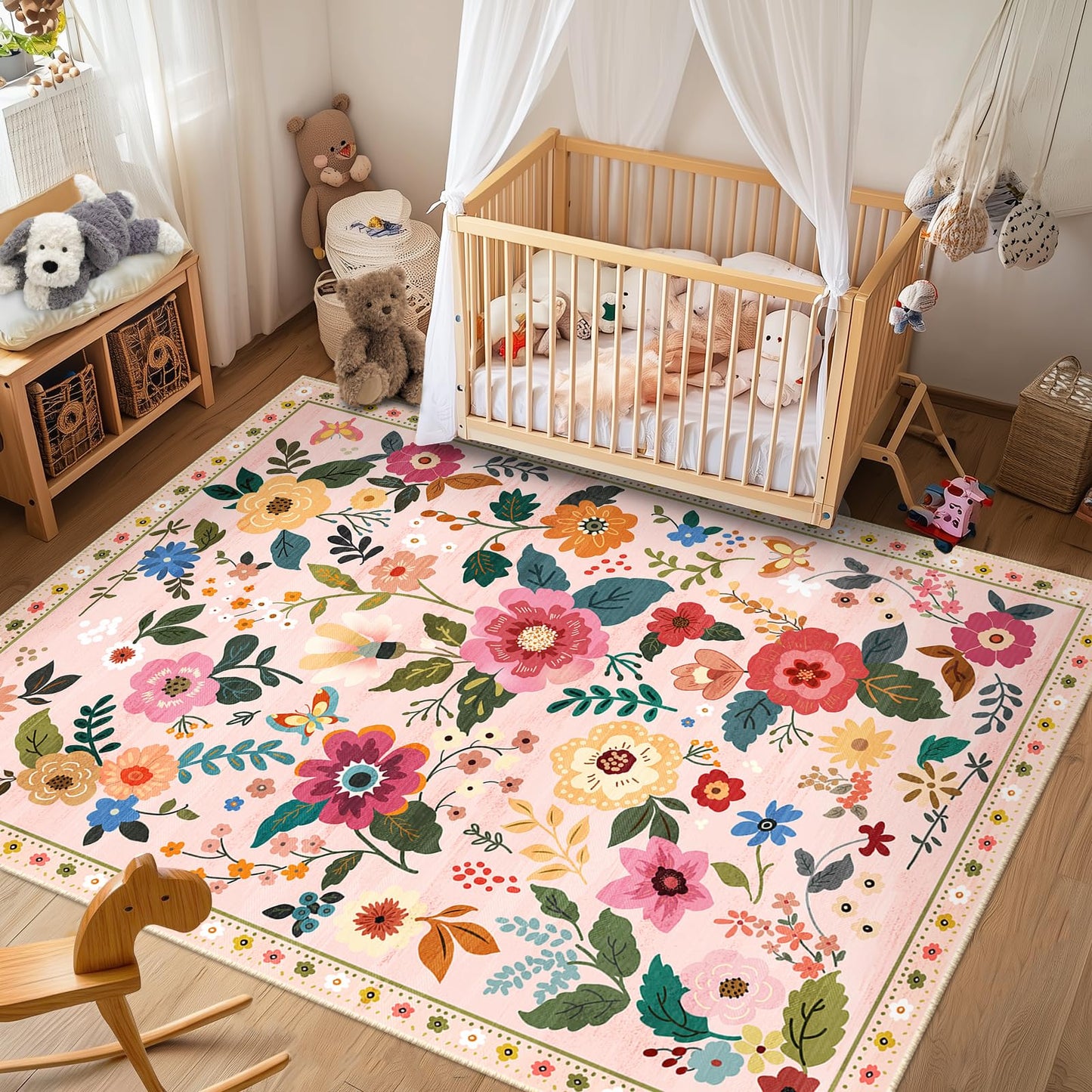 RELEANY Floral 5x7 Area Rug Machine Washable Soft Print Boho Carpet Non Slip Doormat Low Pile Flower Area Rugs for Living Room Bedroom Nursery Kitchen Dining Room Indoor-Pink