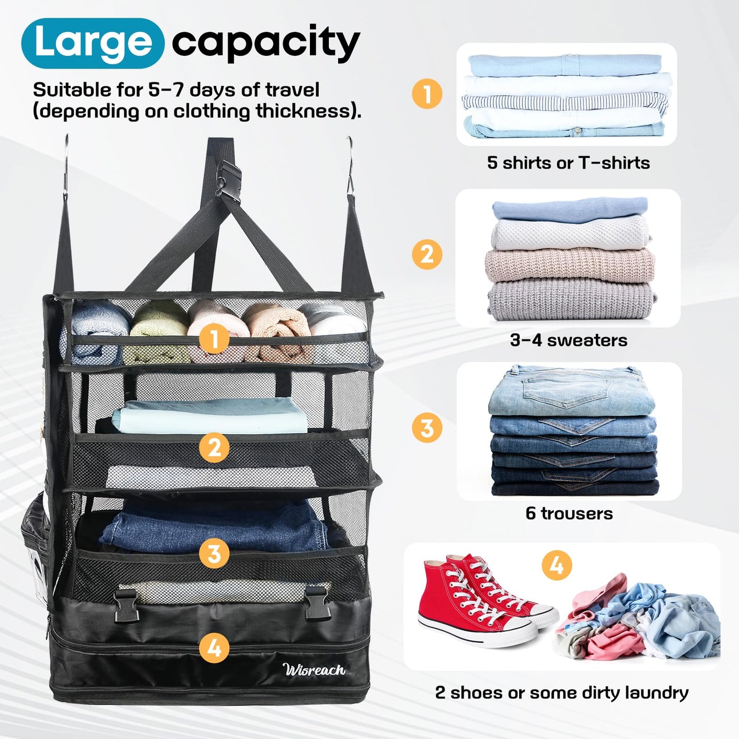 Wisreach Hanging Suitcase Organizer & Travel Shelves, Packing Cubes for Travel, Suitcase Organizer for Carry-on Luggage, Easy Packing & Wrinkle-Free Clothes, Black (Fits Most Travel Bags)