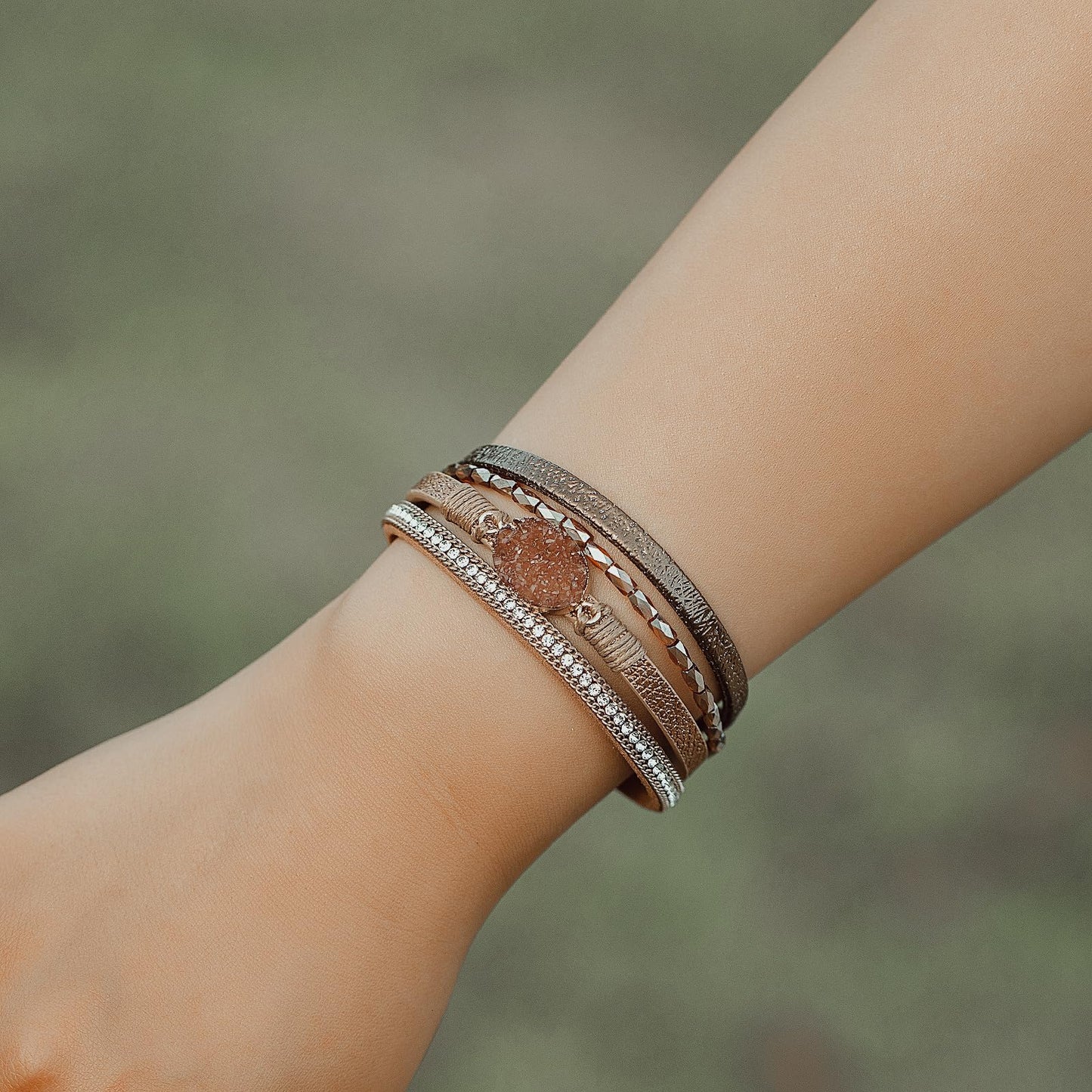 FANCY SHINY Boho Leather Wrap Bracelet Stackable Chunky Crystal Cuff Bracelets with Magnetic Clasp Cowboy Cowgirl Western Summer Beach Outfits Jewelry Gifts for Women (7.7", Brown)