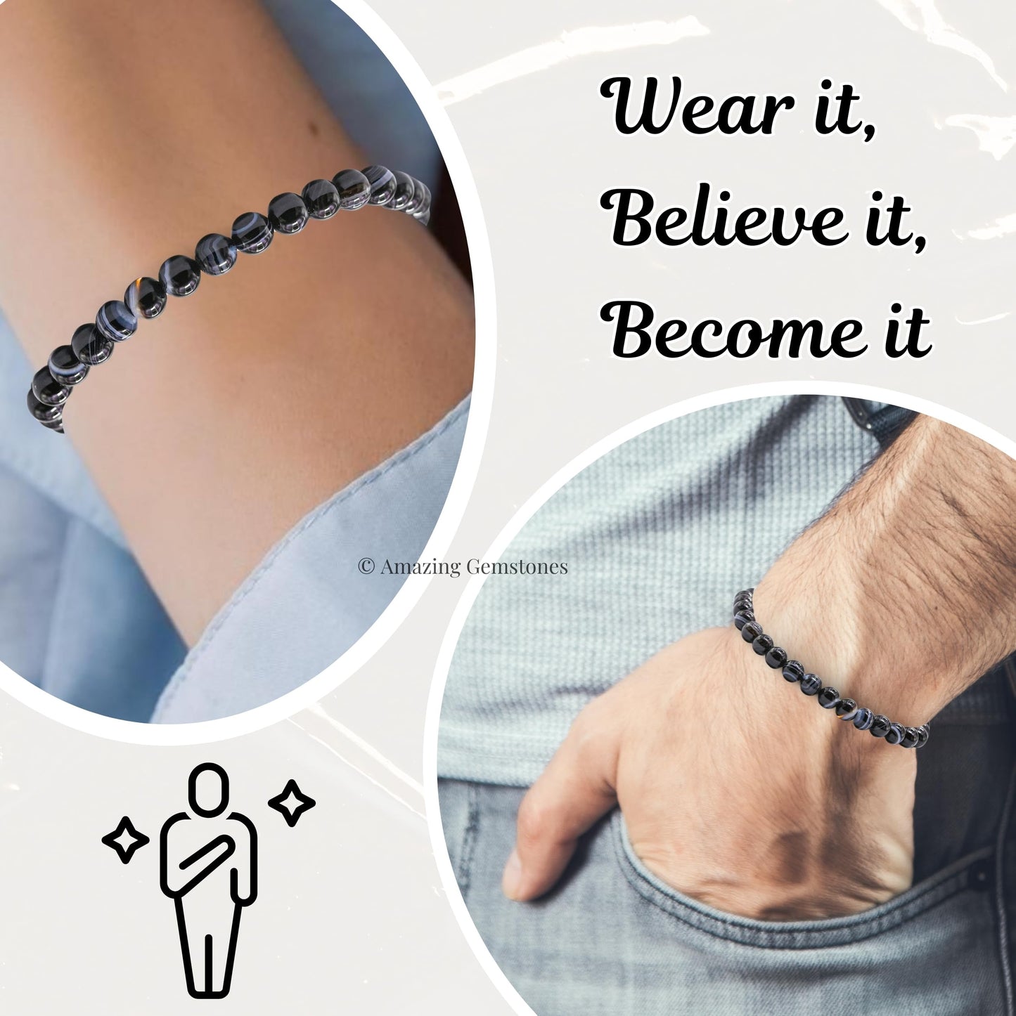 Amazing Gemstone Black Sulemani Hakik Bracelet for Women Men's Gifts - Protection Healing Crystal Bracelet - 6mm Gemstone Beaded Adjustable Bracelet Pulseras Para Hombres Mujer Stocking Stuffers