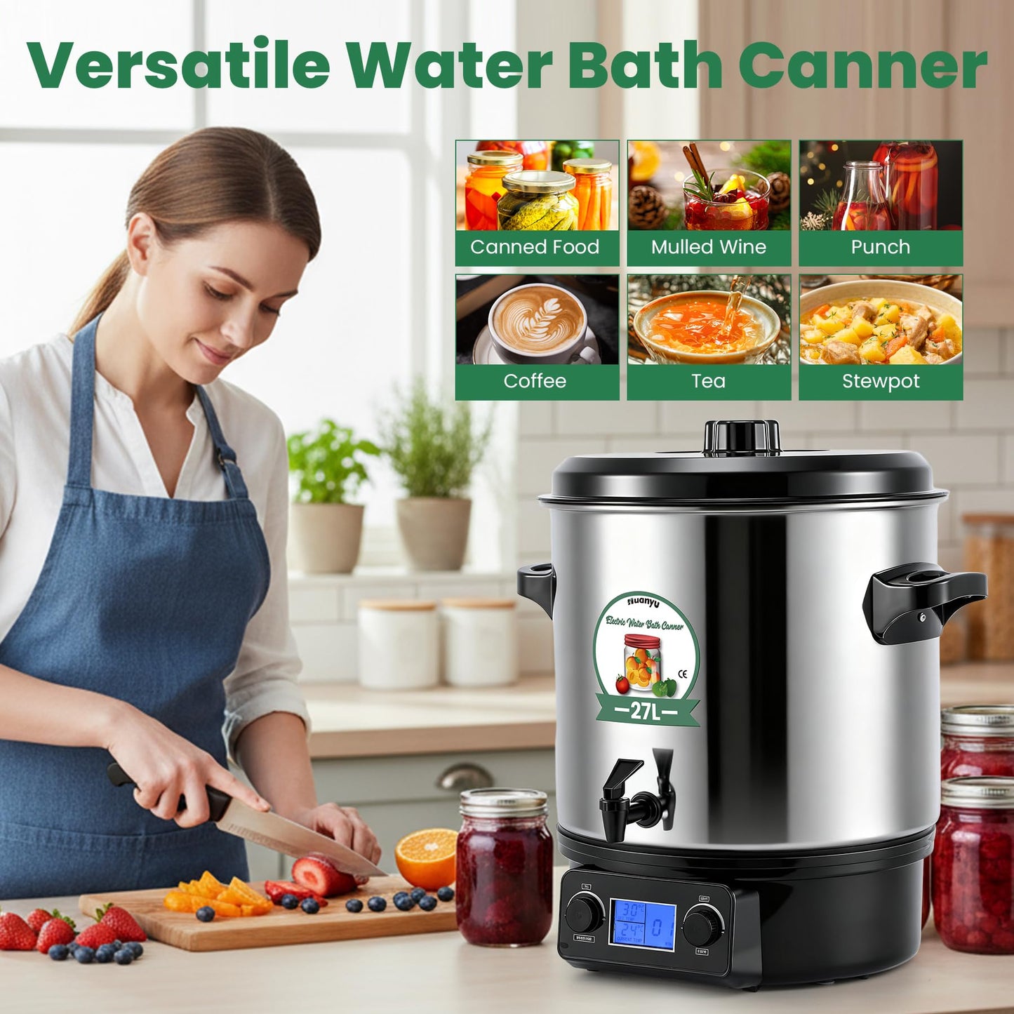 Huanyu Electric Water Bath Canner Automatic 28.5QT Canning Pot 2000w Adjustable Temp&Timer Digital Control with Drain Tap Includes Jar Lifter, Funnel for Preserving Canned Food, Jam, Sauce, Soup