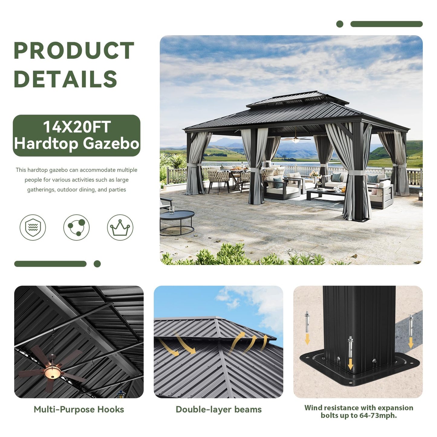Aoxun 14' X 20' Hardtop Gazebo with Drainage System, Aluminum Outdoor Gazebo with Galvanized Steel Double Roof, Patio Permanent Metal Pavilion with 20 inch Ceiling Fan, for Garden, Deck, Grey