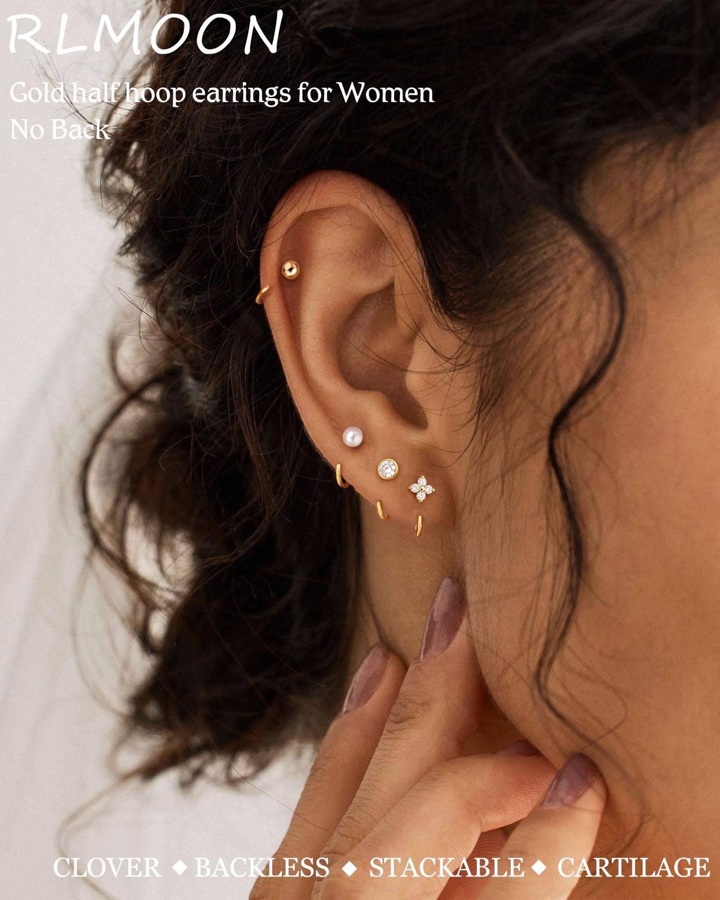RLMOON Backless Earrings Gold Huggie Half Hoop Earrings for Women 14K Gold Plated Stay Close Hoop Earrings No Back Comfort Fit Hypoallergenic Stackable Earrings to Sleep in
