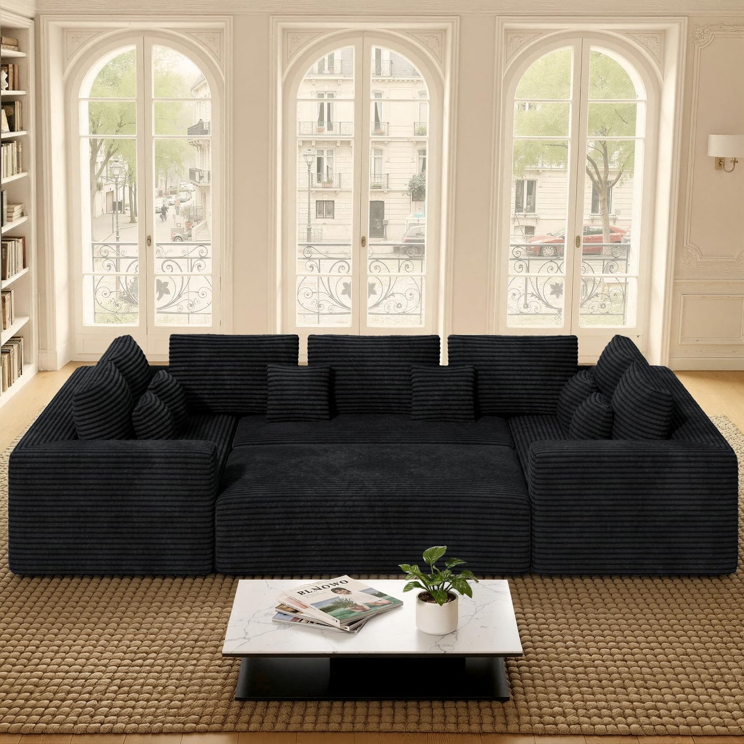 Luxanimarion 136'' Large Sectional Cloud Couches with Chaise, U Shaped Boneless Sofa Bed with Ottoman, No Assembly Required Deep Seat Modular Lounge for Living Room 4PCS Set, Bedroom(Black)
