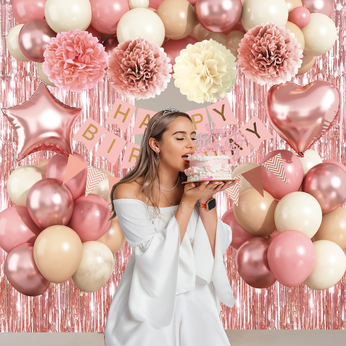 Blush Pink Birthday Decorations, Rose Gold Nude Party Décor with Foil & Latex Balloons Sash Fringe Curtains Happy Birthday Banner Cake Topper Paper Pompoms Party Decor for Women Girl
