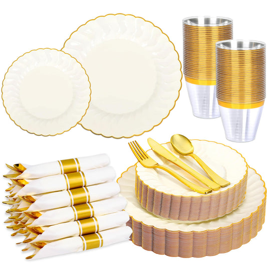210 Pcs Ivory Scalloped Plastic Dinnerware for 30 Guests,Cream Gold Scalloped Disposable Plastic Plates Including 30 Dinner&Dessert Plates,Cups,Silverware for Party,Wedding