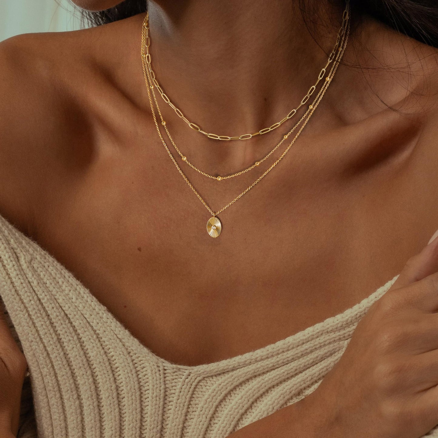 Gold Layered Necklaces for Women,14K Gold Plated CZ Pendant Necklace Stack Dainty Layering Paperclip Choker Necklace Set Stackable Layered Oval Coin Necklaces Chain for Women Trendy Jewelry Gifts