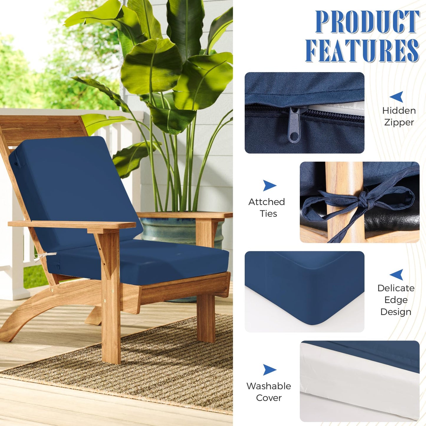 Iheqard Outdoor Deep Seat Cushion Set, 24 x 24 Inch Waterproof and Fade Resistant Patio Furniture Cushion Backrest with Ties for Patio Couch Sofa and Balcony (Blue, 24x24Inch)
