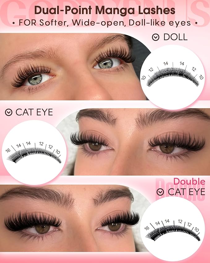 Goddvenus Wispy Manga Lash Clusters Kit Natural Eyelash Clusters Kit Fairy Cluster Eyelash Extensions Anime Individual Lashes C Curl Lash Extension Kit Waterproof DIY Eye Lashes Cluster Glue
