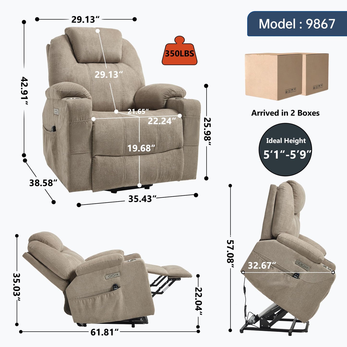 KEIKI Power Lift Recliner Chair with Massage and Heat, Electric Lift Assist, 8 Vibration Modes, Lumbar Heat Therapy, for Senior Living Room, Home Theater, Brown Polyester