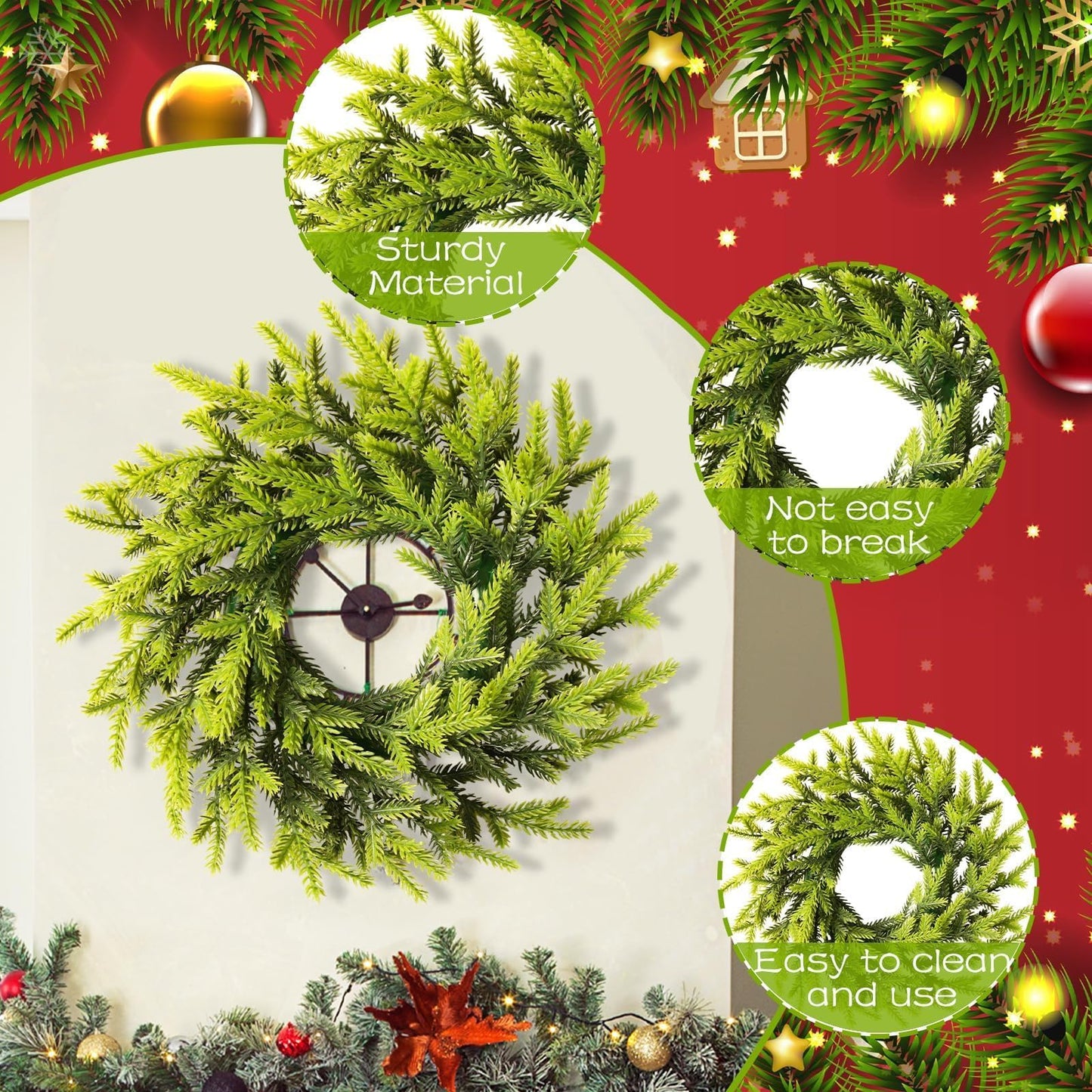 8 Pcs Christmas DIY Gree Wreath 10 Inch Green Artificial Wreaths DIY Faux Plain Wreaths Front Door Green Farmhouse Cabinets Wreath Indoor Outdoor Wall Decor(Pine Needle)