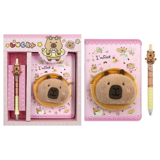 2 in 1 Plush Capybara Theme Stationery Gift Box Set,A6 Cute Pink Cartoon Animal Capybara Notebook Journal Memo Pads Notepad Soft Furry Diary with Pen Small Bag for Birthday Kids Girls Office School