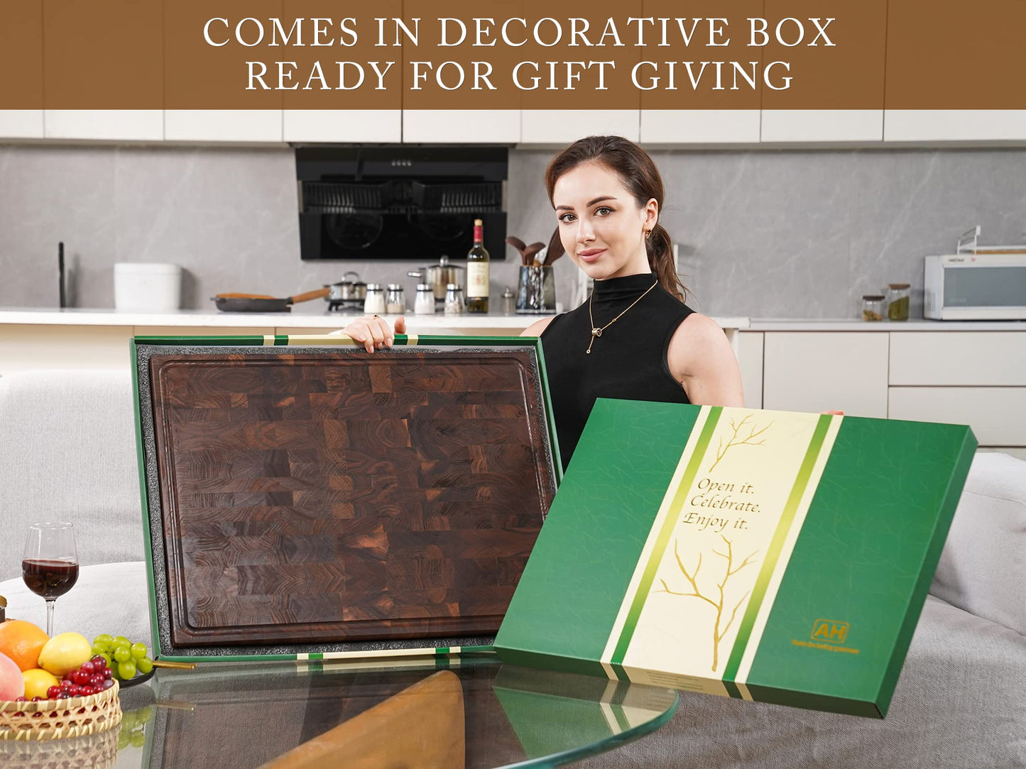 AZRHOM Extra Large Thick Walnut Wood End Grain Cutting Board 24x18x2 In, Wooden Butcher Block, Chopping Board For Kitchen with Juice Groove Handles Non-Slip Pats (Gift Box)