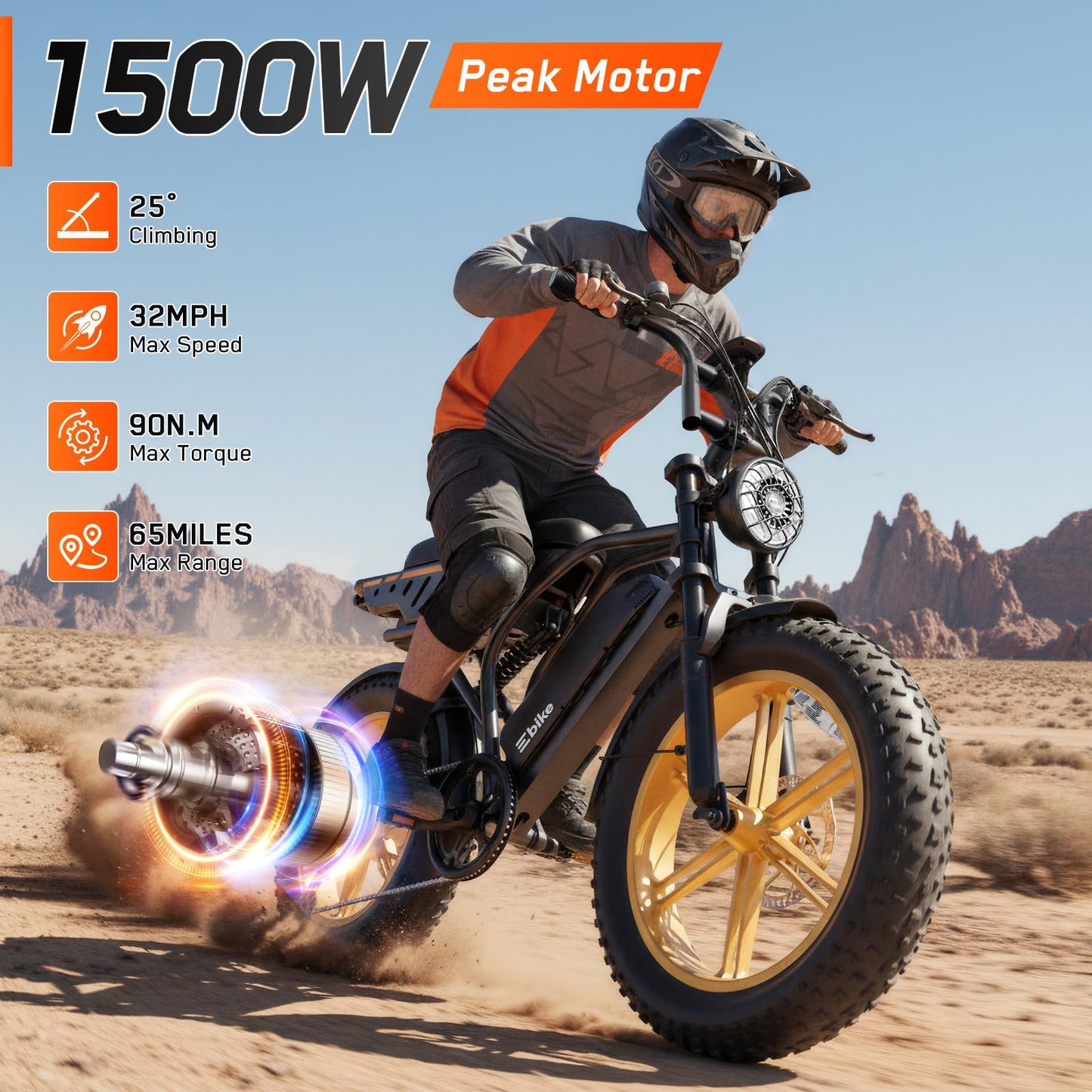 Electric Bike for Adults, 1500W Peak Motor Retro E Bike, Removable 48V 15Ah Battery, 20"x4.0 Fat Tire, 30 MPH Max Speed, 65 Miles Range, Ebike with Suspension, Fashion Design Wheels Hub Yellow