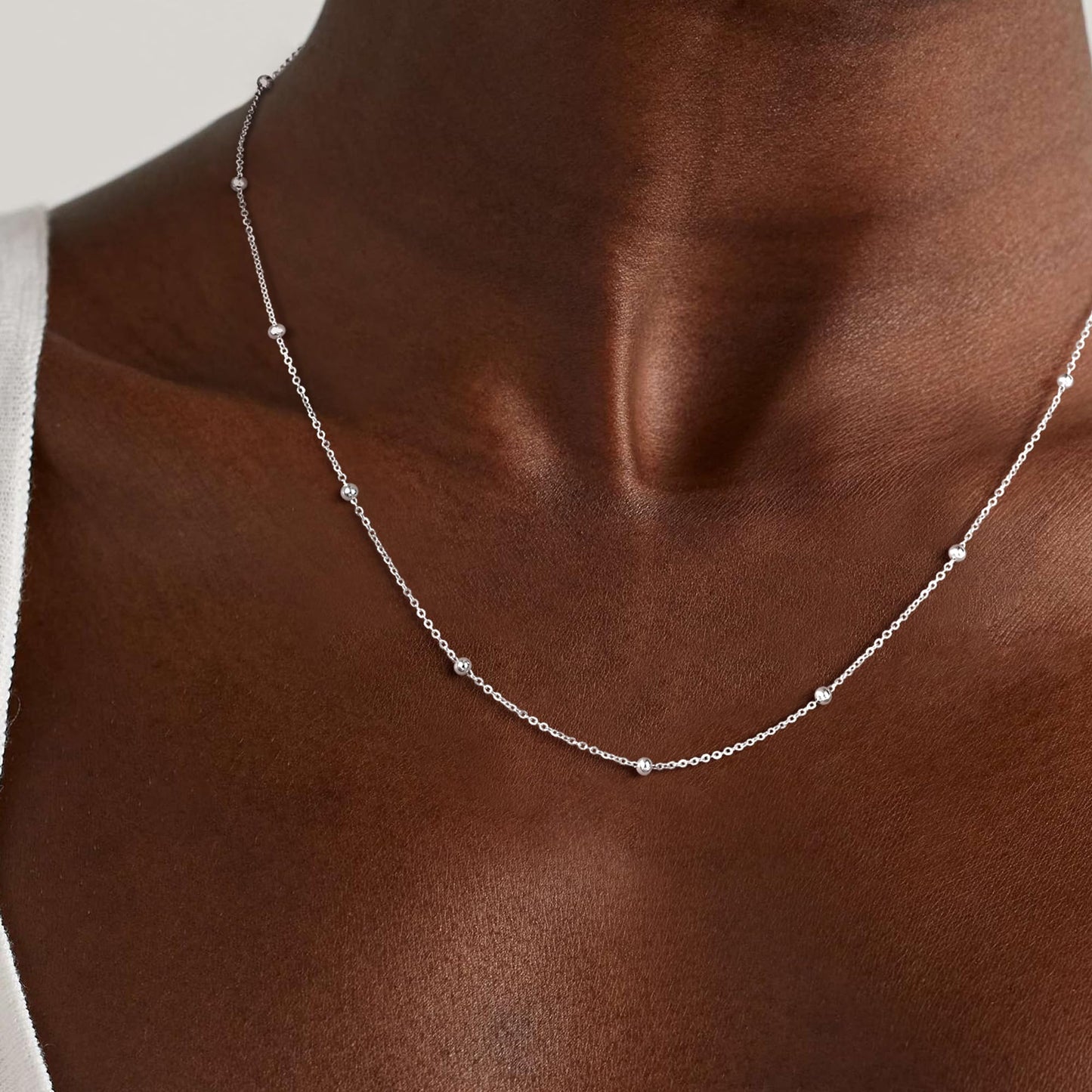 MBW 925 Sterling Silver Necklace for Women, Sterling Silver Beaded Chain Dainty Thin Choker Necklaces for Women Trendy Minimalist White Link Chains Necklace Waterproof Simple Small Cute Jewelry