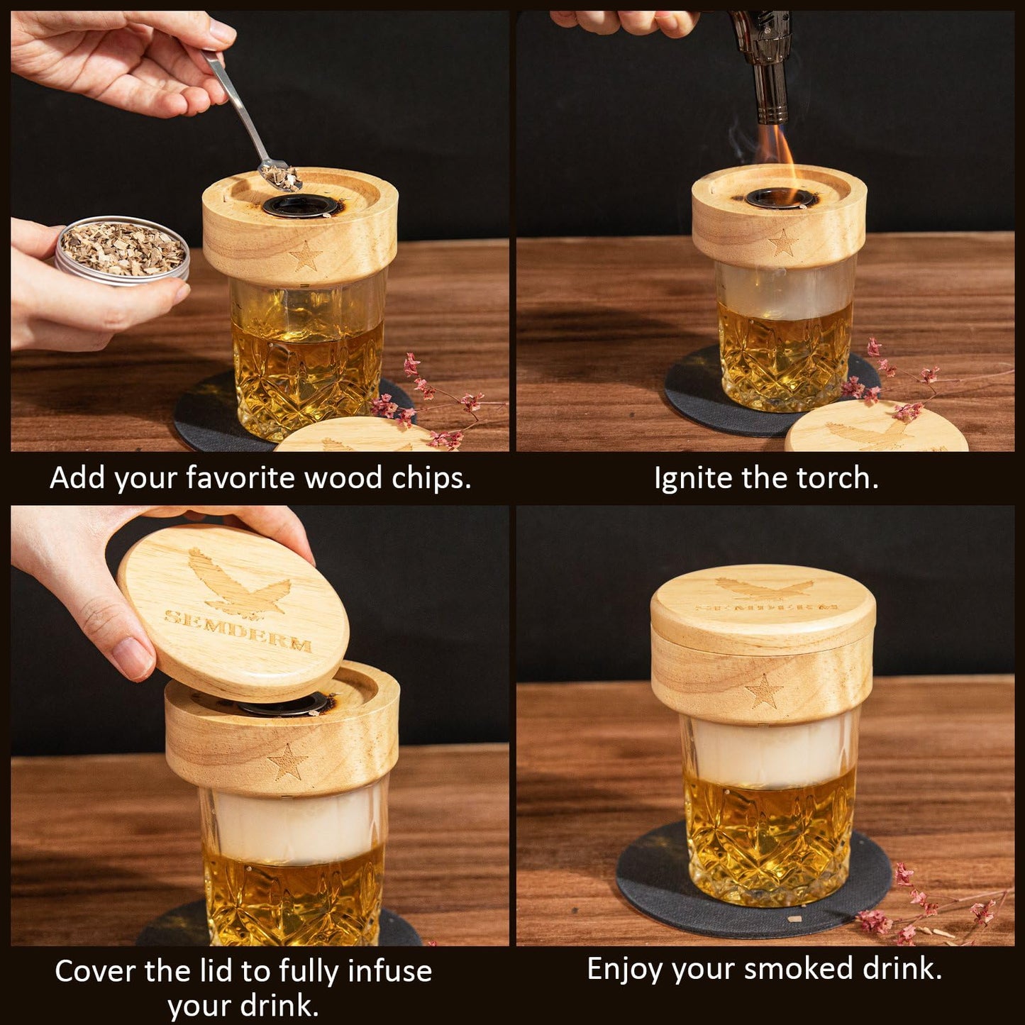 Bourbon Whiskey Smoker Kit with Torch - Old Fashioned Cocktail Smoker Kit with 2 Whiskey Glasses, 6 Wood Chips - Valentines Anniversary Birthday Gifts for Men Dad Husband Boyfriend (No Butane)