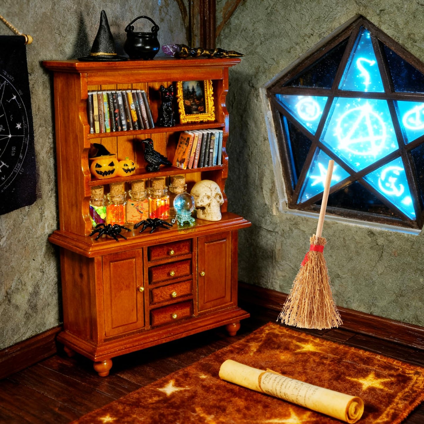 Rileryan 53 Pcs 1:12 Scale Magic Witchy Mini House Kit Halloween Miniatures Accessories Wooden Furnitures Bookshelf Bookcase 30 Mini Books Halloween Decoration