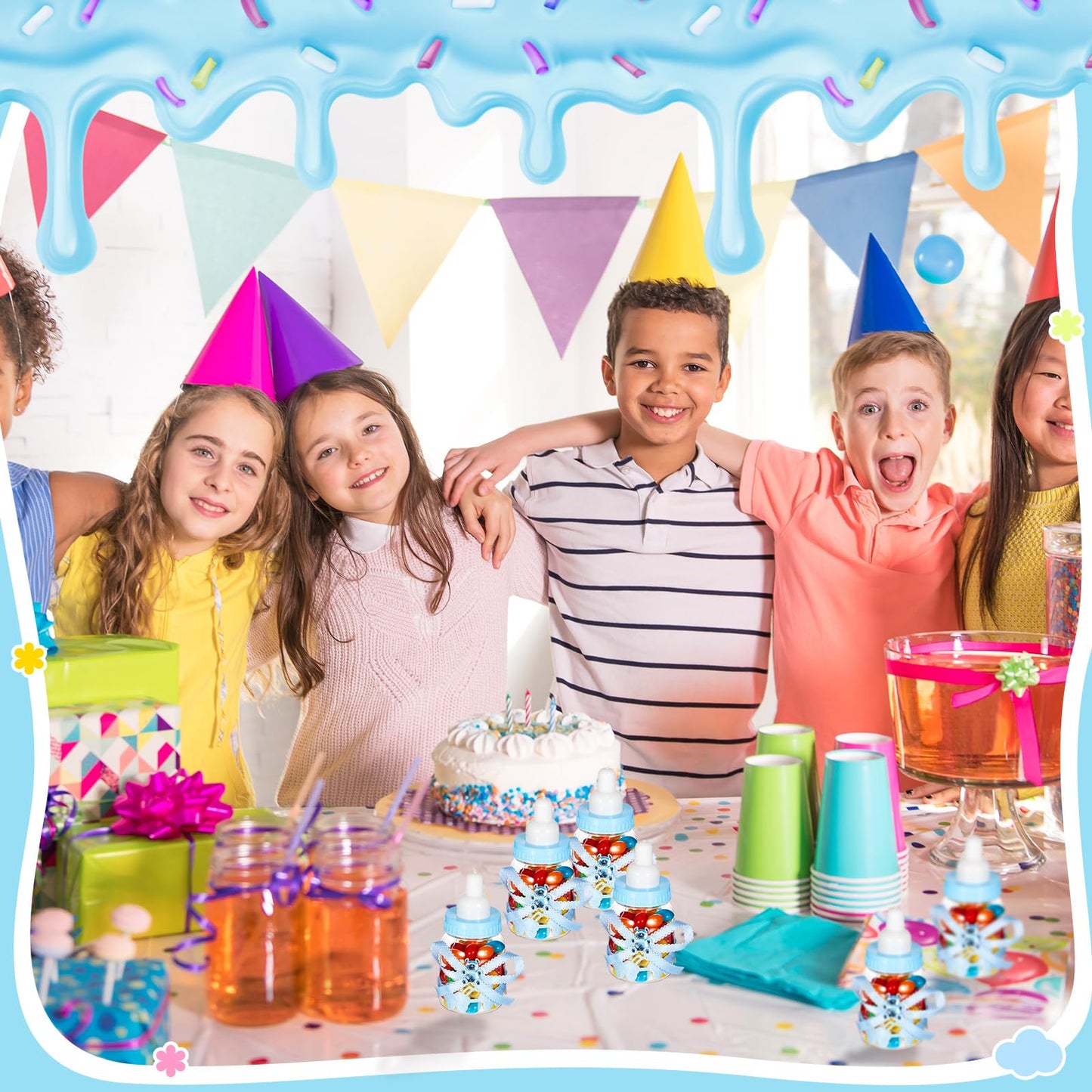 Nuenen 36 Pcs Baby Bottle Party Favors Plastic Mini Milk Bear Bottles for Baby Shower Decorations and Centerpieces Candy Jar with Ribbon for Gifts(Blue,Stylish)