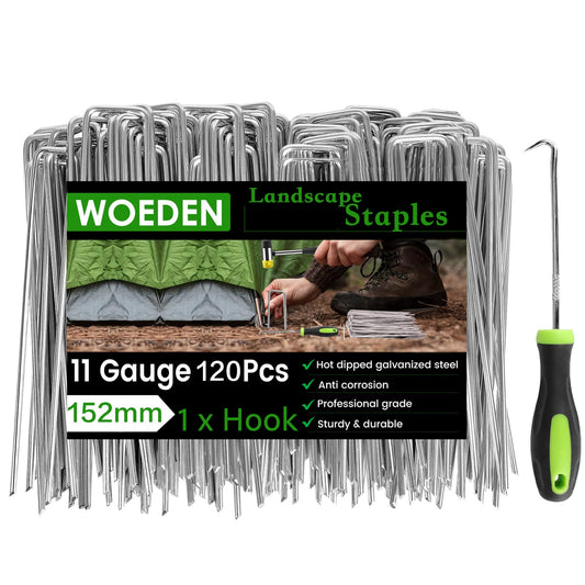 120 Pack 6 Inch Landscape Staples + 1 Hook 11 Gauge Heavy Duty Galvanized Garden Stakes, U-Shaped Ground Pins for Weed Barrier Fabric, Drip Irrigation Tubing, Sod, Lawn & Christmas Outdoor Decorations