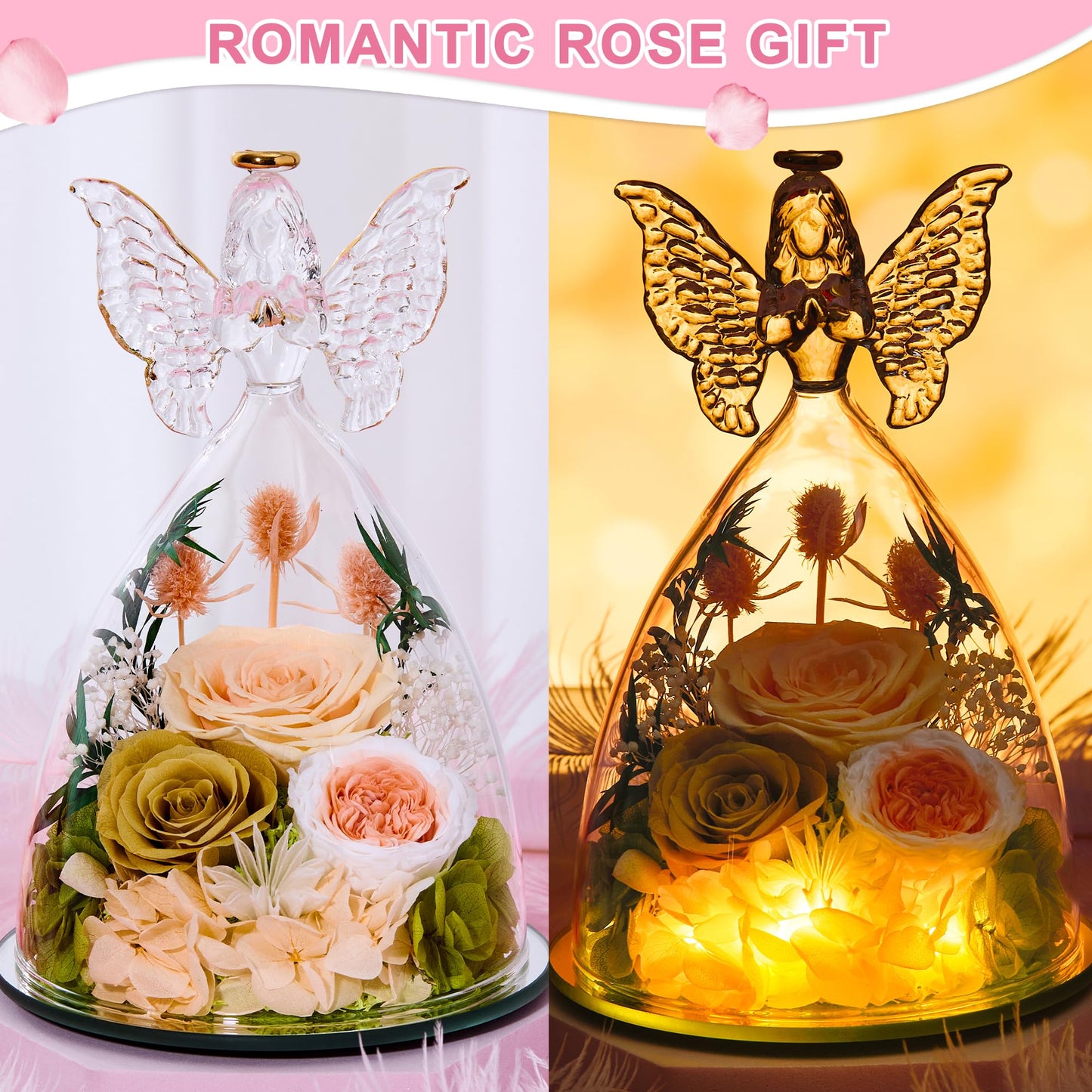Tiaronics Mothers Day Rose Gifts for Women Preserved Real Flower in Glass Angel Figurines Roses for Delivery Prime Birthday Gifts for Mom Grandma Girlfriend Wife Her, ChampagneGold Austin