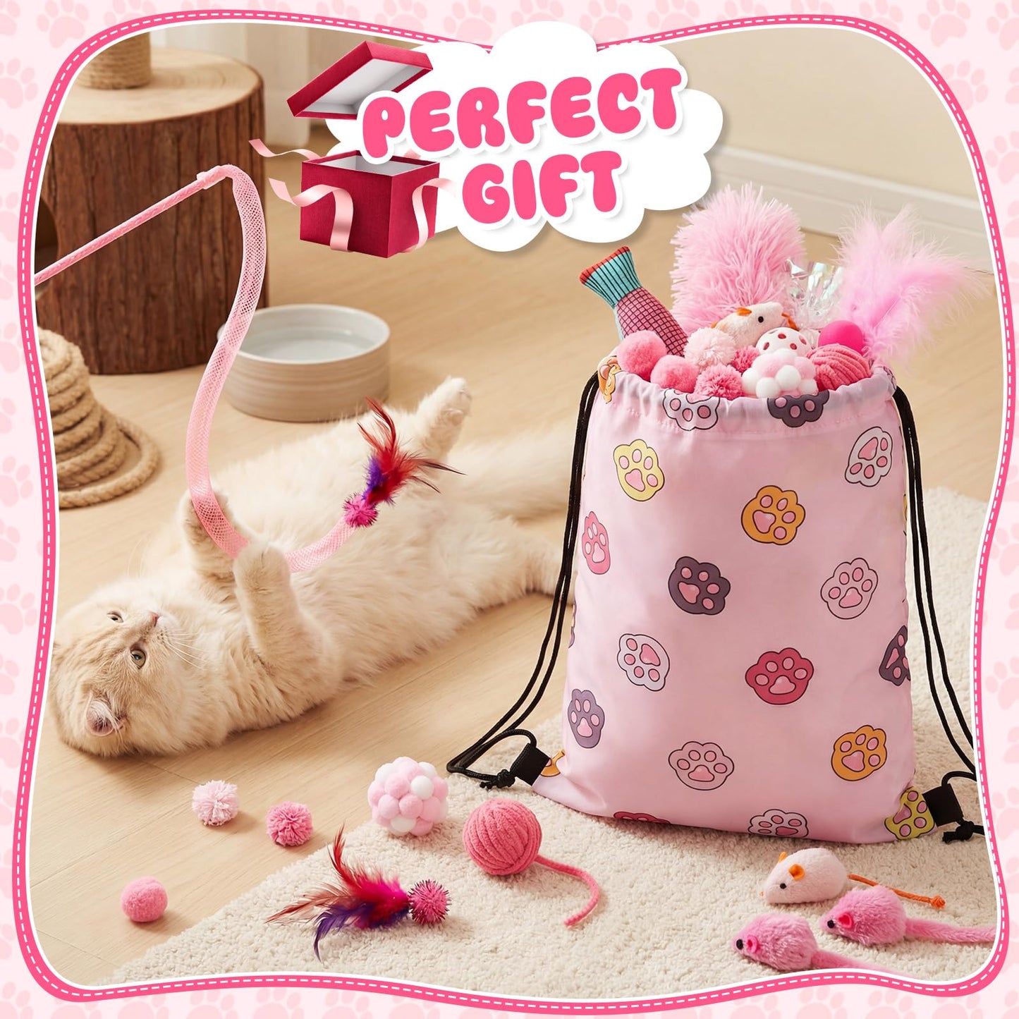 Leitee 101 Pcs Cat Interactive Toys Set with 1 Cat Paw Gift Storage Bags Feather Teaser Wand Springs Mice Fish Crinkle Balls Bell Balls Pillow, Puzzle Toys for Cats Gift Indoor (Pink)