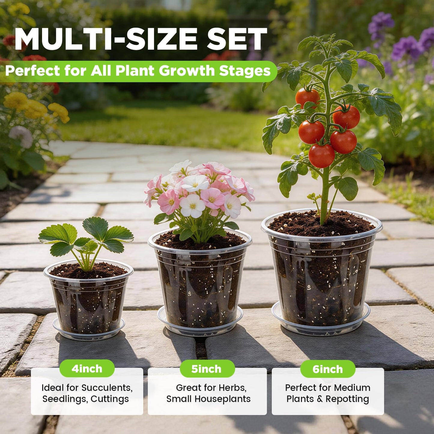 24 Pack Clear Nursery Pots for Plants, 4/5/6 Inch Plastic Plant Pots with Drainage Holes and Saucers, Transparent Orchid Pots for Indoor Plants, Seedlings, Cuttings, Repotting and Root Observation