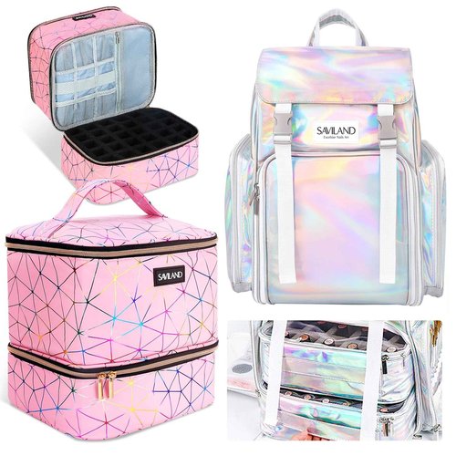 SAVILAND Nail Polish Organizer Bag: 30 Bottle Holder & 70 Bottle Organizers & Storage Case for Nail Tech Supplies