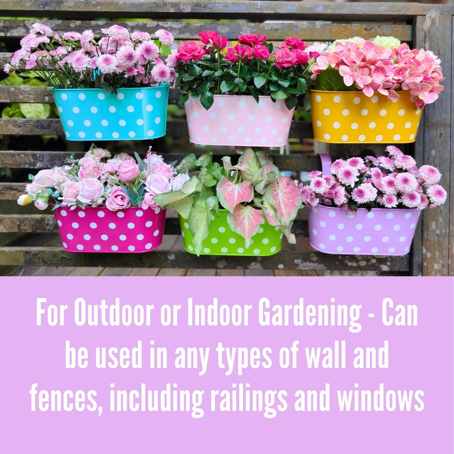 LaLaGreen Bundle - 6 Pack, 11.2 Inch Black + 6 Pack, 11.2 Inch Polka Dot Metal Iron Hanging Flower Pot Window Deck Railing Fence Wall Mount Plant Holder Patio Porch Modern Garden Outdoor Decor