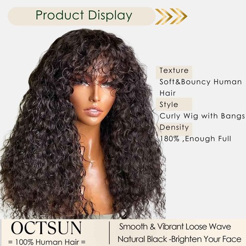 OCTSUN Wear and Go Human Hair Wigs with Bangs Bouncy Curly Human Hair Wigs for Black Women Glueless Full Machine Made Wigs Human Hair Deep Wave None Lace Front Wigs with Bangs 22 Inch 180% Density