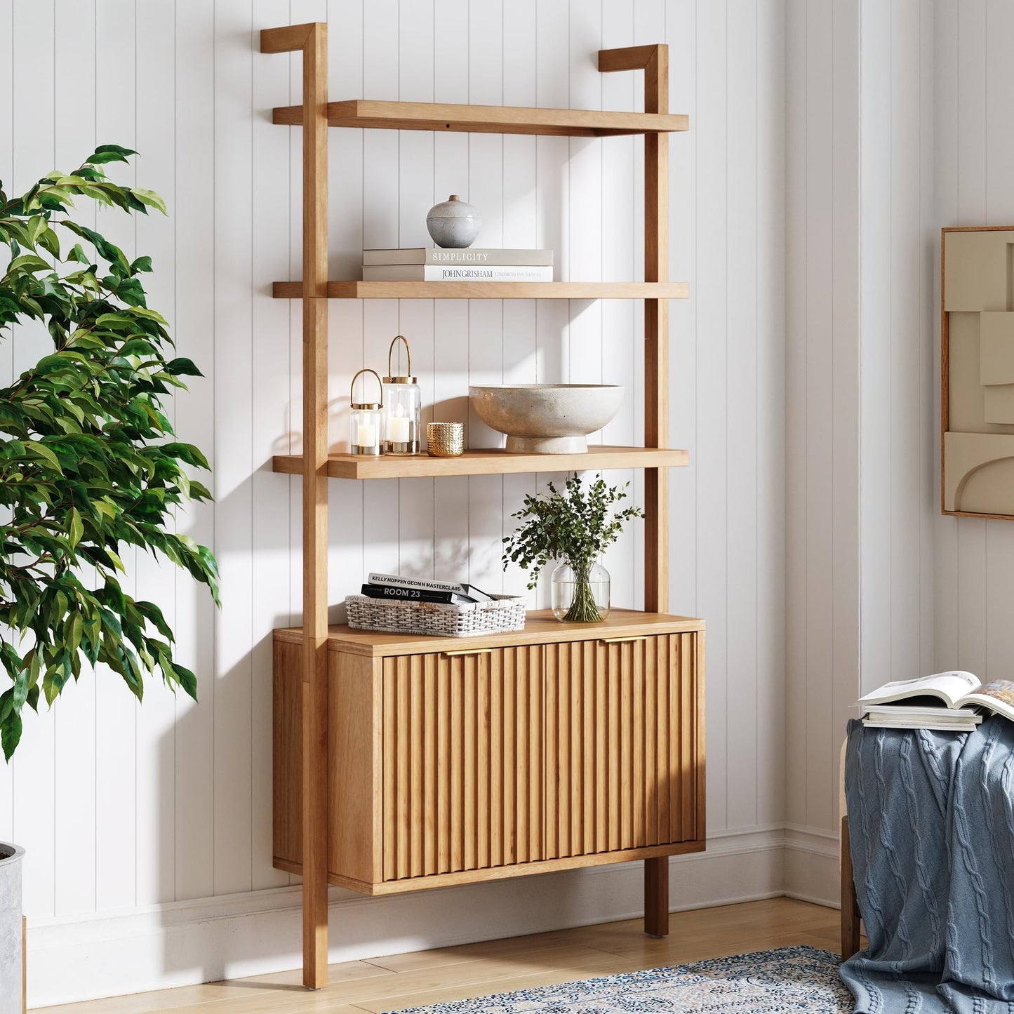 Nathan James Jasper 3-Shelf Solid Wood Boho Bookshelf, Wall Mounted Bookshelf with Cabinet with Fluted Doors, Natural Brown