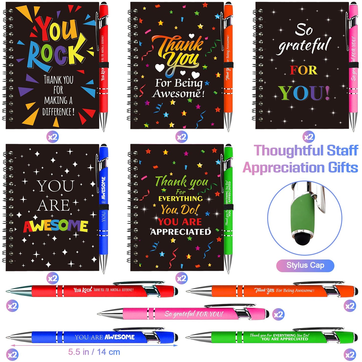 Aartner 10 Sets/20 Pcs Employee Appreciation Gifts Staff Spiral Notebooks Pens Bulk Stylus Cap Team for Teachers Thank You Inspiration Coworkers Inspirational Christmas Party Supplies
